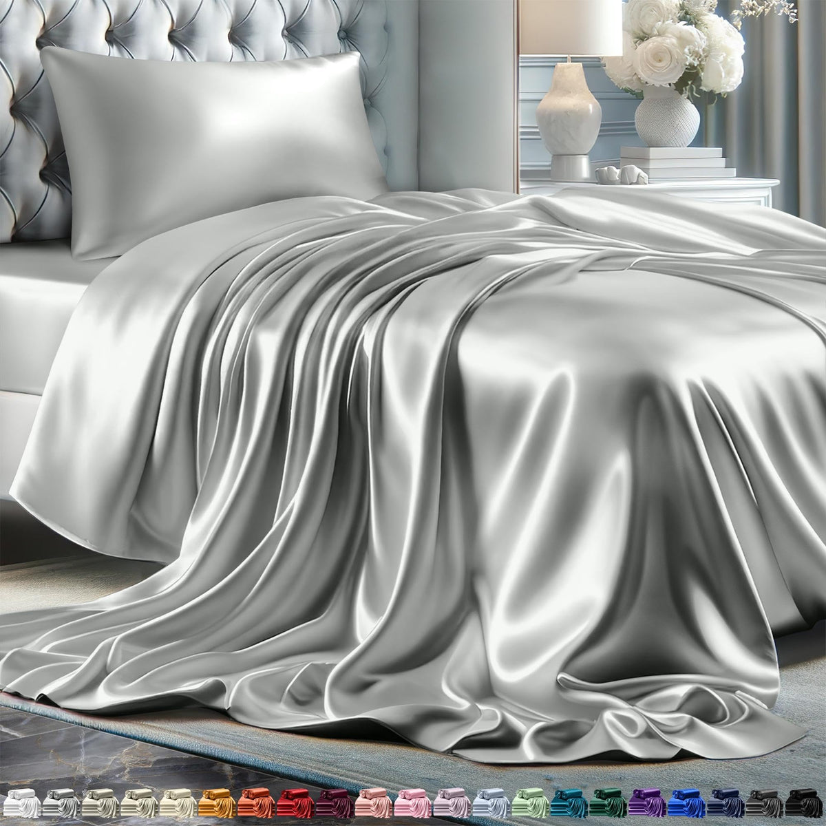 Decolure Satin Sheets Twin Size Set 3 Pcs - Silky & Luxuriously Soft Satin Bed Sheets W/ 15 Inch Deep Pocket - Double Stitching,