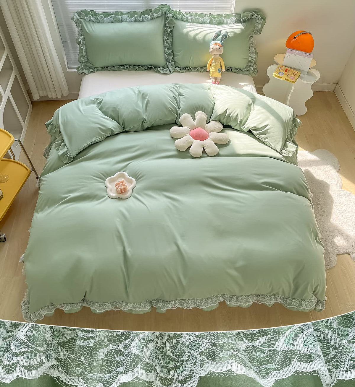 Moowoo Chic Ruffle Lace Polyester Duvet Cover Set -Girl Green Bedding-2 Piece Twin Duvet Cover With Zipper Closure -Ultra Soft A