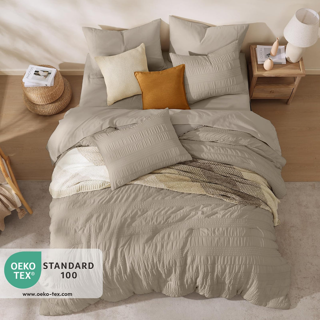 Casaagusto Queen Comforter Set, 7 Pieces Oatmeal Seersucker Bed In A Bag Queen Size Soft All Seasons, Bedding Sets With Comforte