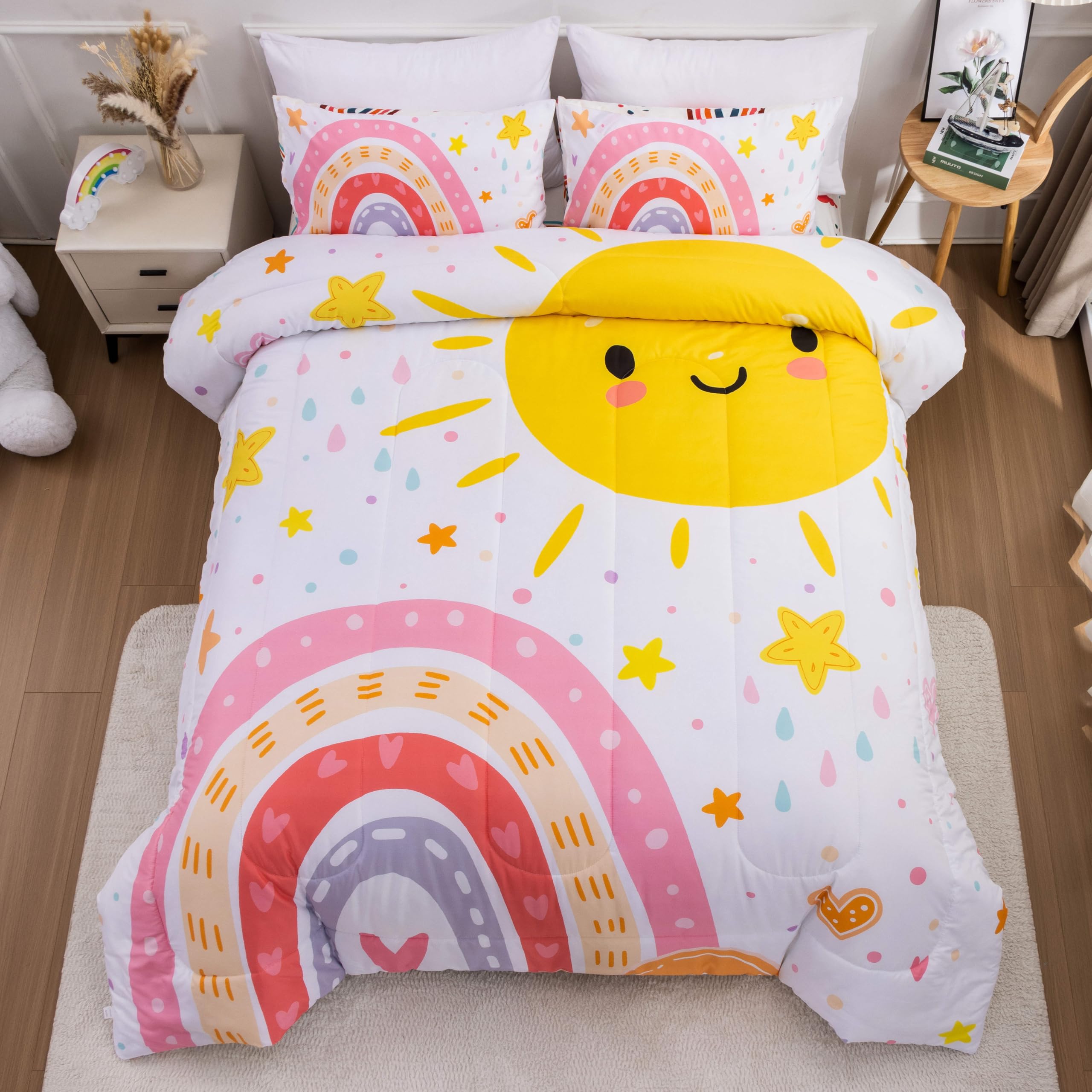 Btargot Lightweight Soft 3 Piece Rainbow Comforter Set with 2 Pillow Covers, Cartoon Love Hearts Flowers and Sun Star Bedding Se
