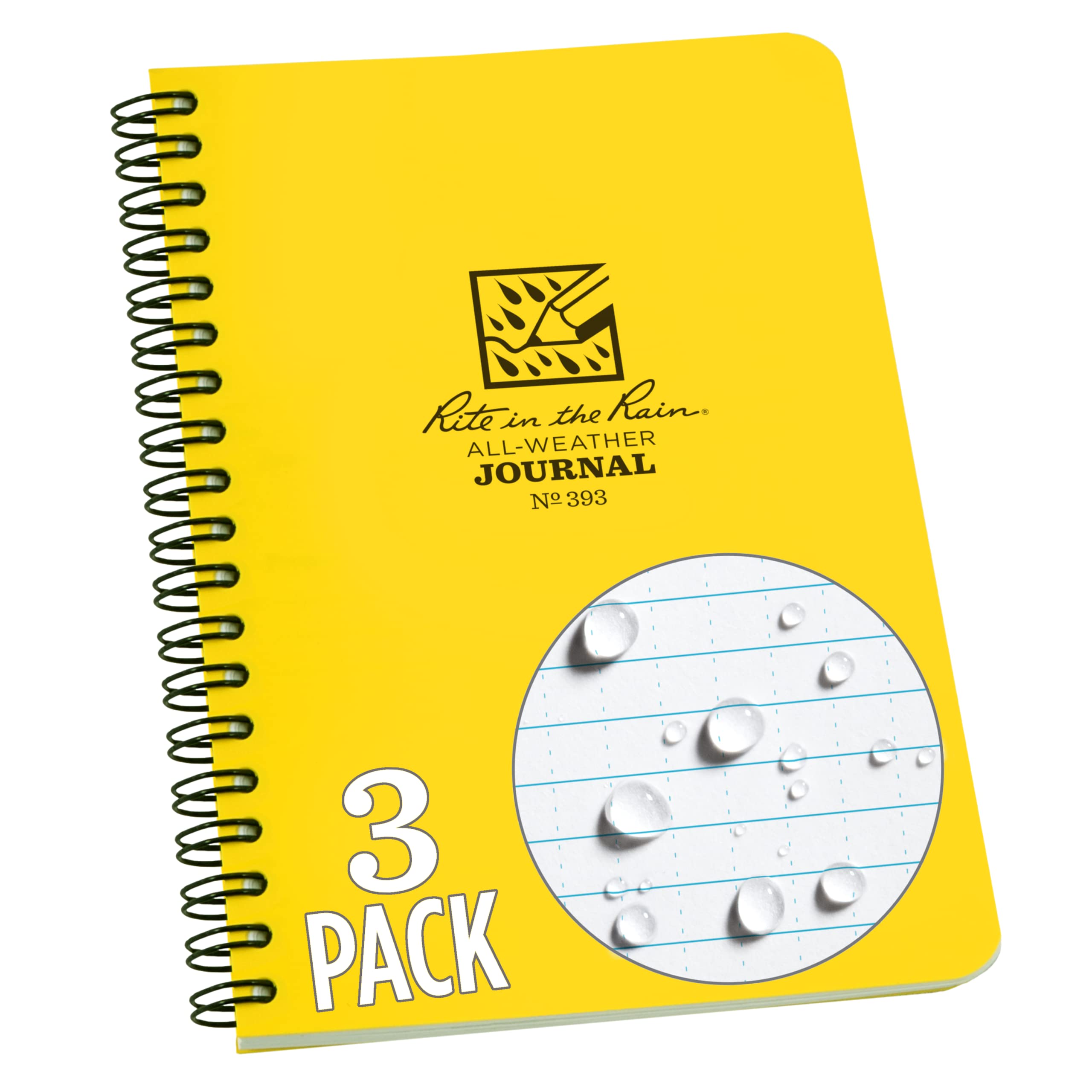 Rite In The Rain Weatherproof Side Spiral Notebook, 4.625' X 7', Yellow Cover, Journal Pattern, 3 Pack (No. 393L3)