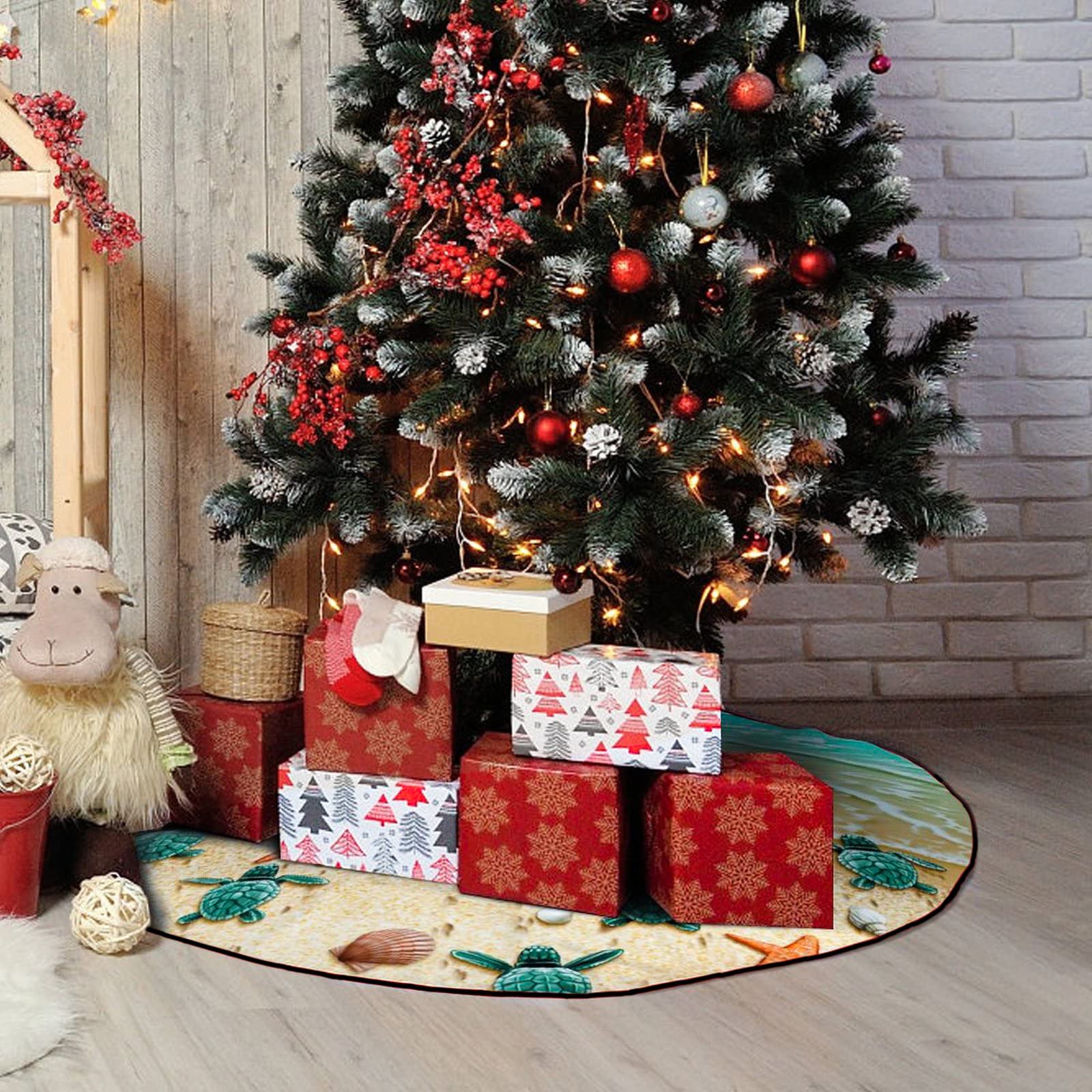 M Yescustom Sea Turtle Christmas Tree Skirt Beach Xmas Tree Mat Starfish Conch Shell Farmhouse Rustic Party Home Decoration Hall