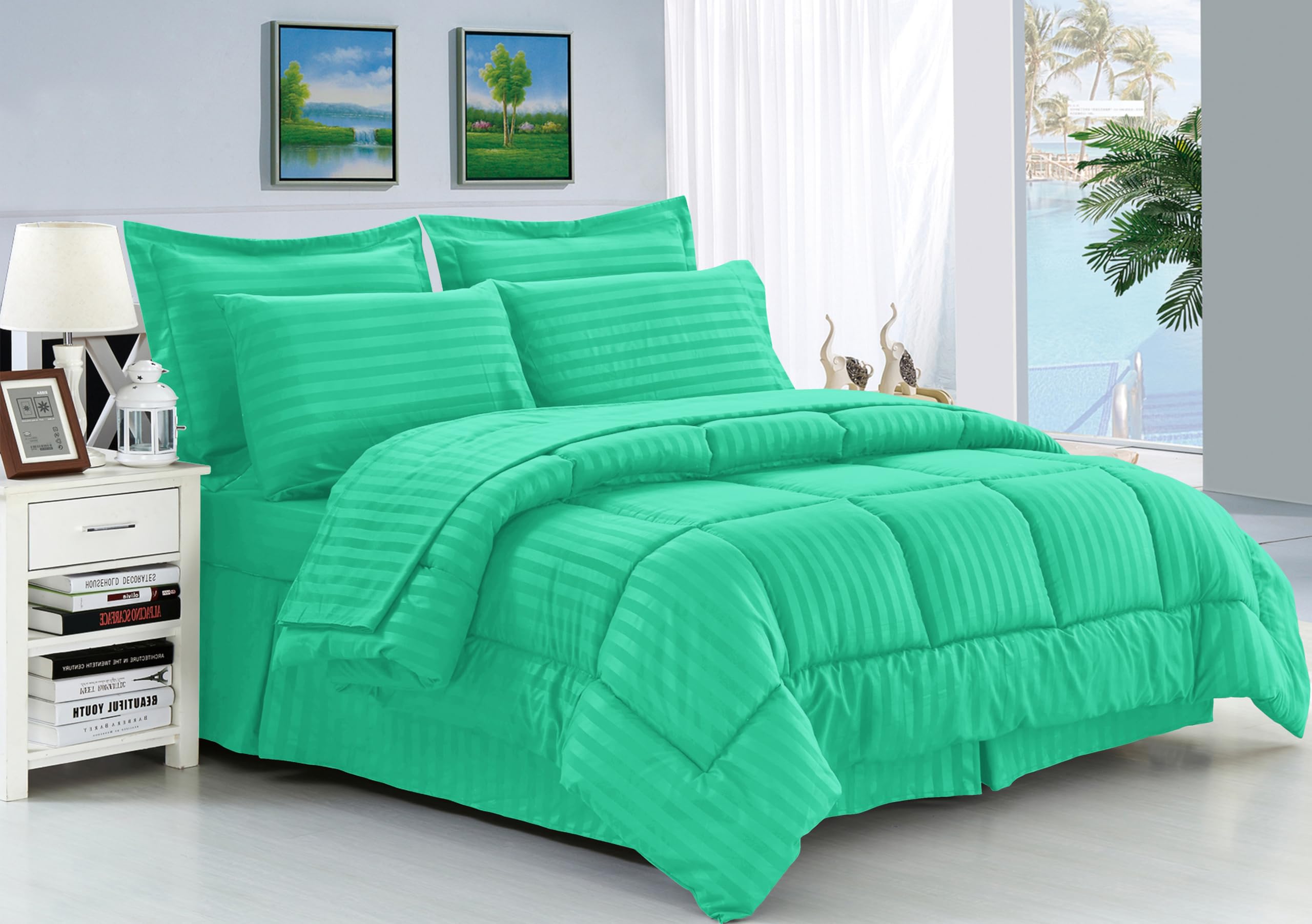 Elegant Comfort Silky Soft 8-Piece Dobby Stripe Bed-In-A-Bag Comforter Set, Includes 4Pc Smart Sheet Set, Bed Skirt, Comforter, Matching Pillowcases And Shams - Full/Queen, Paradise Teal
