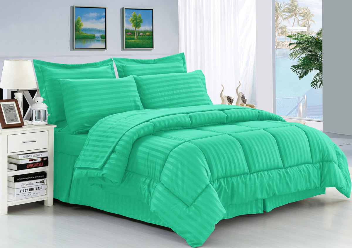 Elegant Comfort Silky Soft 8-Piece Dobby Stripe Bed-In-A-Bag Comforter Set, Includes 4Pc Smart Sheet Set, Bed Skirt, Comforter, Matching Pillowcases And Shams - King/California King, Paradise Teal