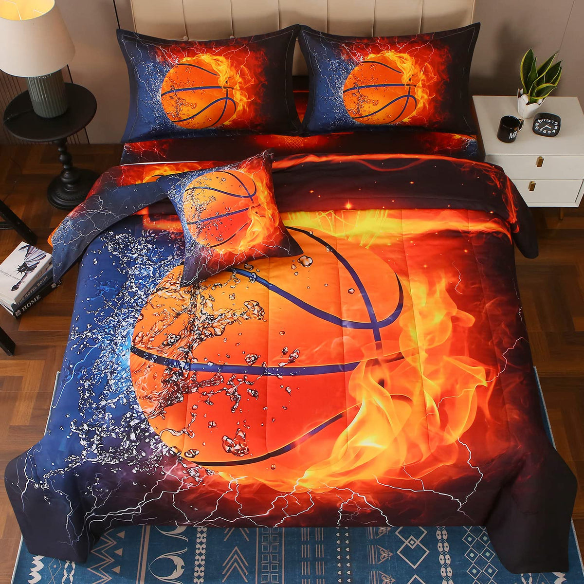 Jqinhome Twin Basketball And Fire Comforter Sets For Boys,6 Piece Bed In A Bag Sport Themed Bedding -All Season Soft Microfiber