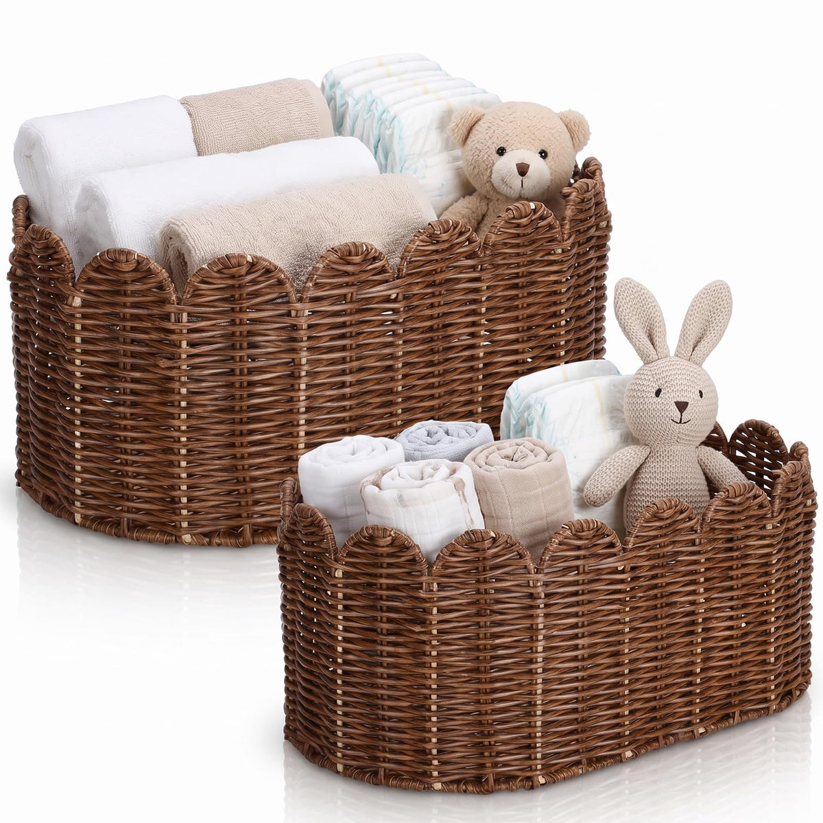 Domensi 2 Pcs Scalloped Basket Set of 2, 16x10x7in Storage Basket, Mocca