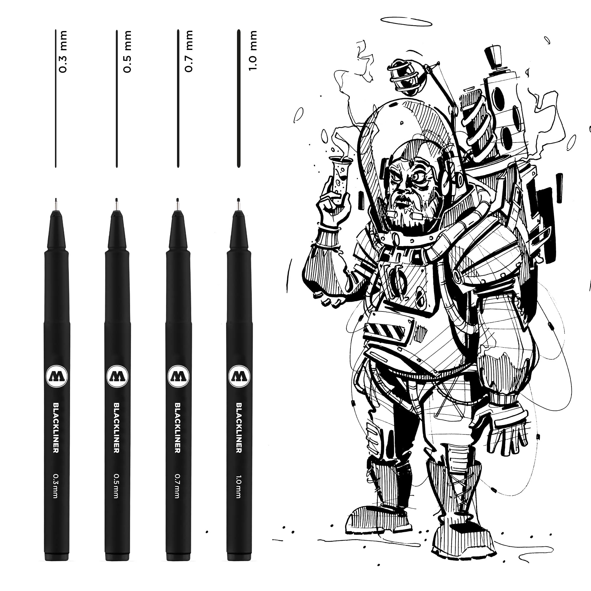 Molotow Blackliner 4-Pen Set 2 - .3Mm, 5Mm, 7Mm, 1Mm Tips, 1 Set Each (200.487)