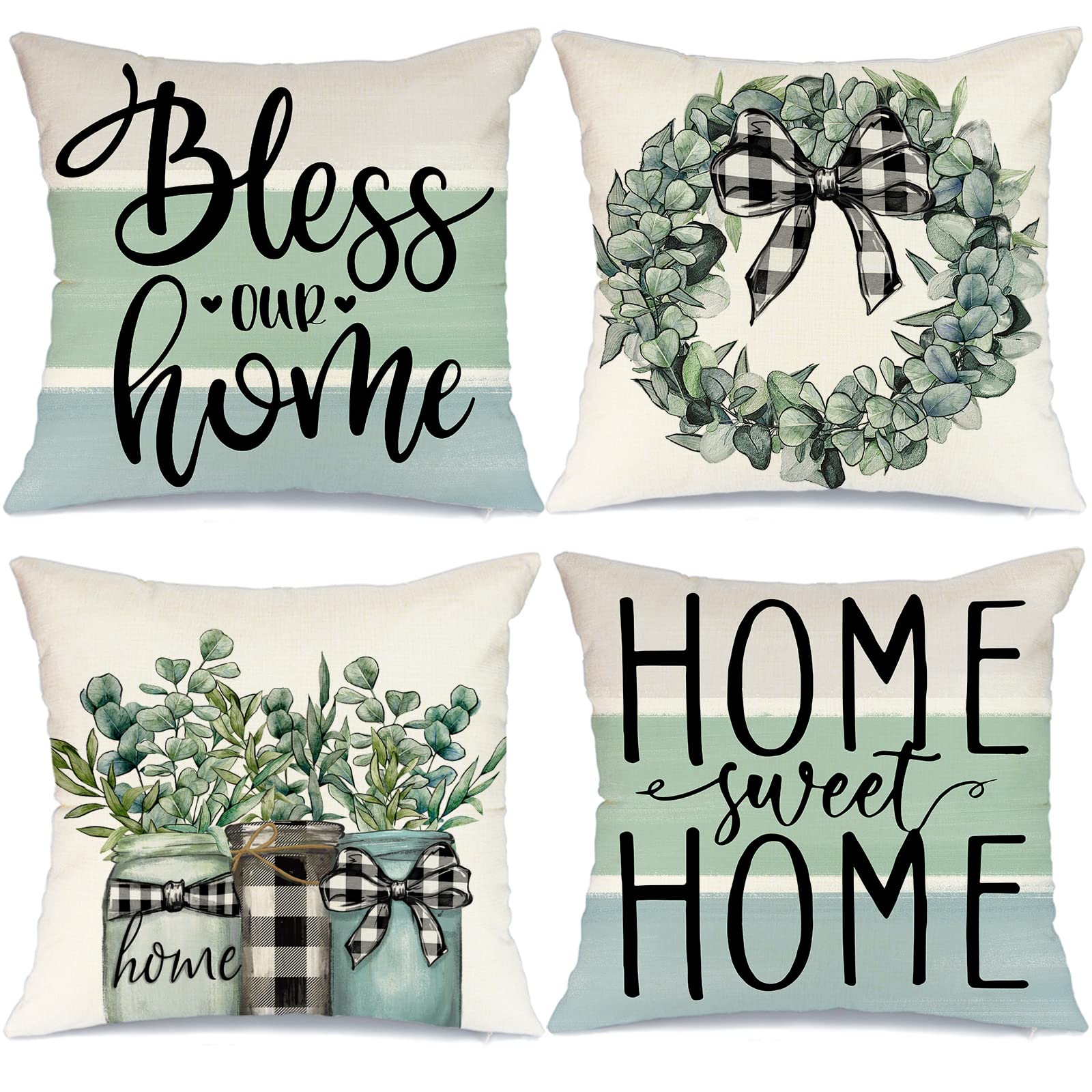 Geeory Pillow Covers 16X16 Inch Set Of 4 Home Sweet Home Eucalyptus Wreath Bless Our Home Pillows Decorative Throw Pillows Buffa