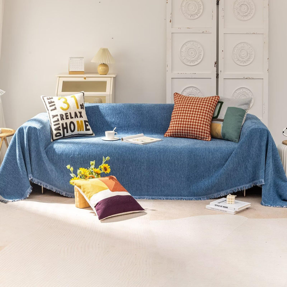 Vclife Dark Blue Chenille Couch Cover For L Shape Couch 1 Pc Pet-Friendly Sofa Slipcover For Dog Cat, Modern Tassel Design Sofa