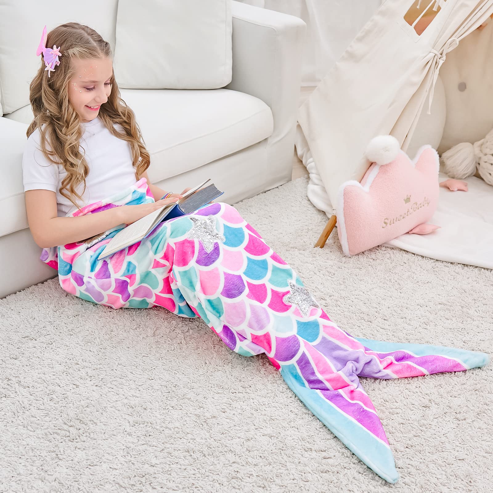 Wernnsai Mermaid Tail Blanket - Plush Mermaid Wearable Blanket For Girls Kids 110 X 40Cm All Seasons Soft Flannel Snuggle Pink B