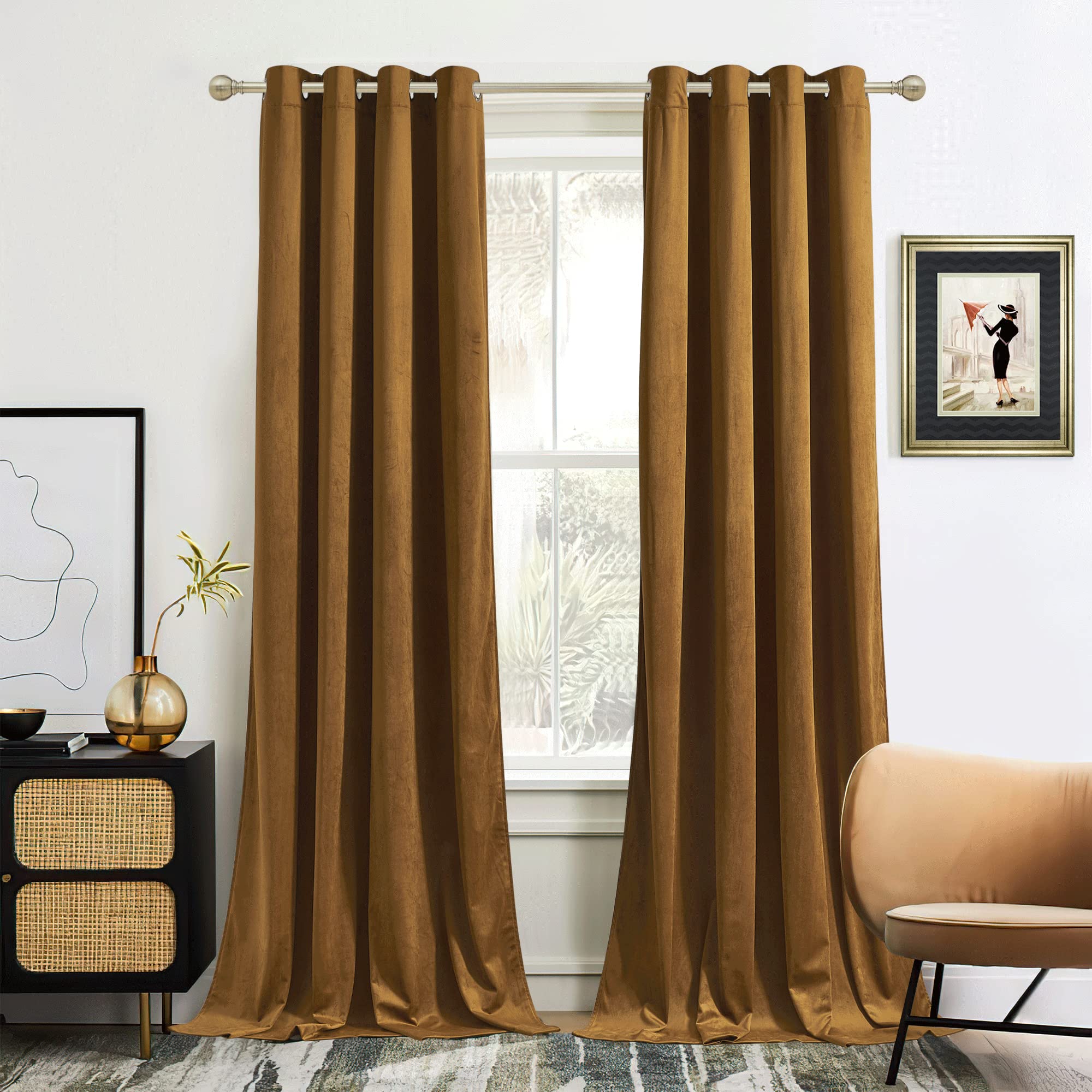 Ryb Home Gold Brown Velvet Curtains 84 Inches, Room Darkening Plush Velvet Curtains Drapes, Thermal Insulate Window Treatment Fo