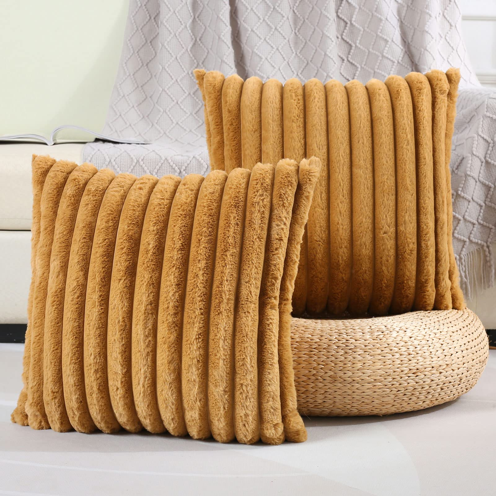 Futei Camel Striped Decorative Throw Pillow Covers 20X20 Inch Set Of 2,Square Winter Decorations Couch Pillow Case,Soft Cozy Fau