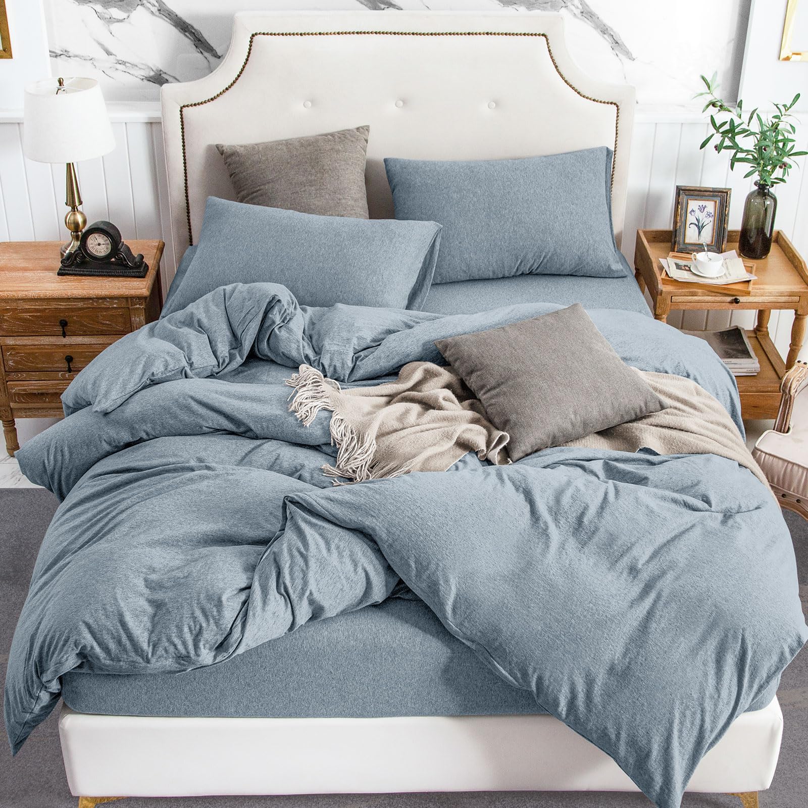 Pure Era Jersey Knit Duvet Cover Set 100% T-Shirt Cotton Super Soft Comfy 2Pc Bedding Set With Zipper Closure (Heather Blueish G