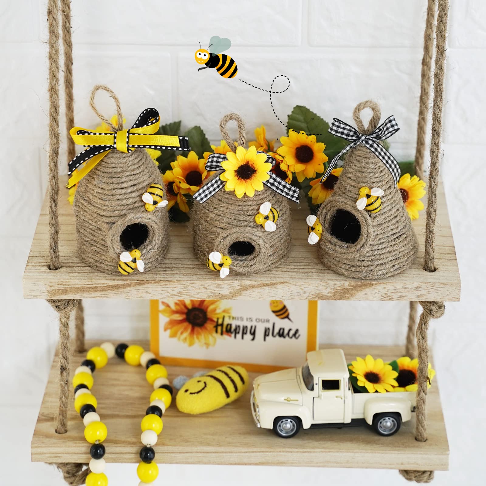 Bee Hive Decor,3 Pack Bumble Bee Rustic Decor Hive,Natural Bee House, Bumble Bee Theme Party Decor Spring Summer Rustic Farmhous