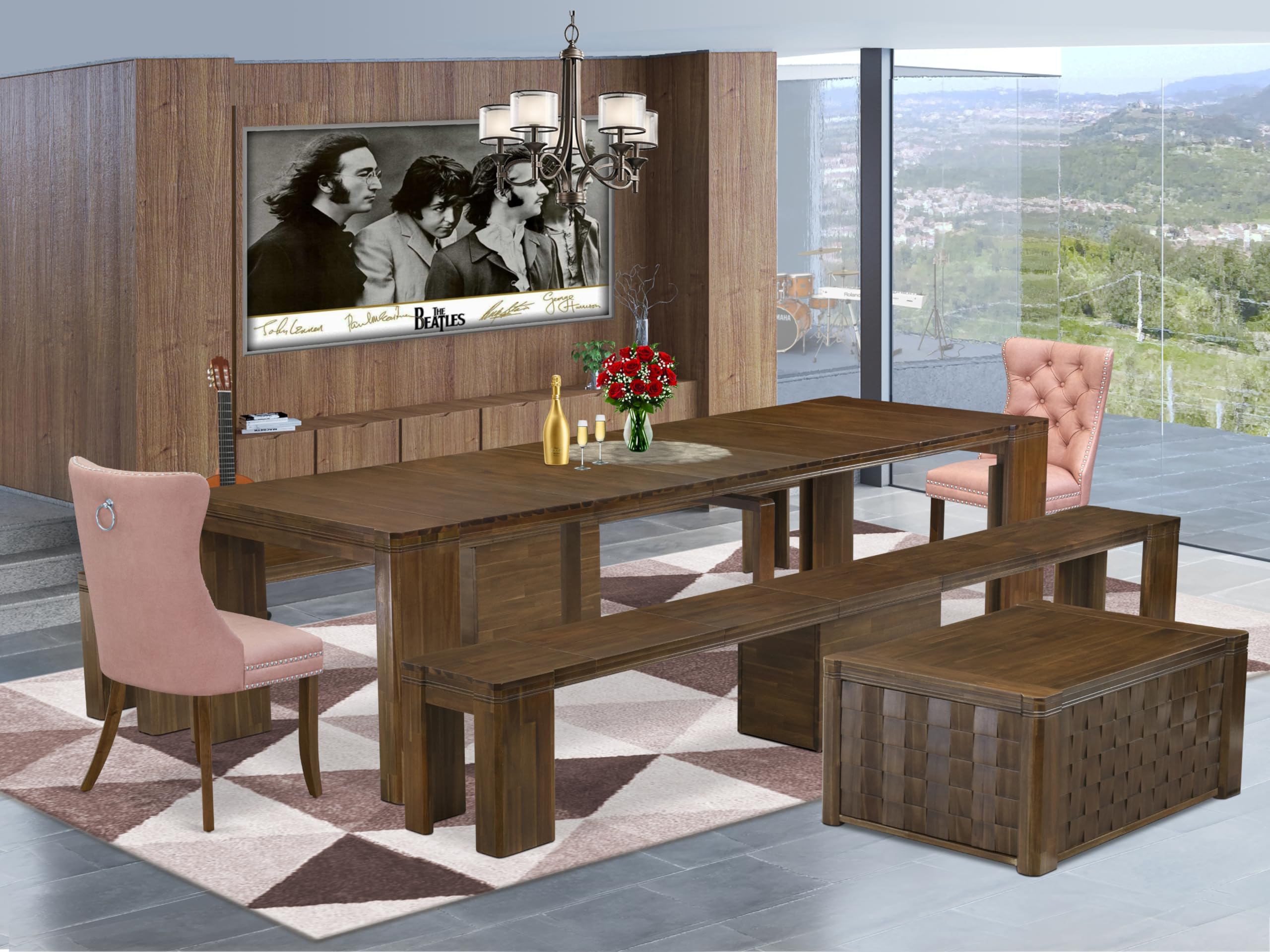 Luxe by East West Furniture - X02DA-2C8-23 - 6 Pieces Dining Room Set contains an Extendable Rectangle Kitchen Table, 1 Coffee Table, 2 Dining Chairs and 2 Modern Benches, 39x120 Inch, Antique Walnut