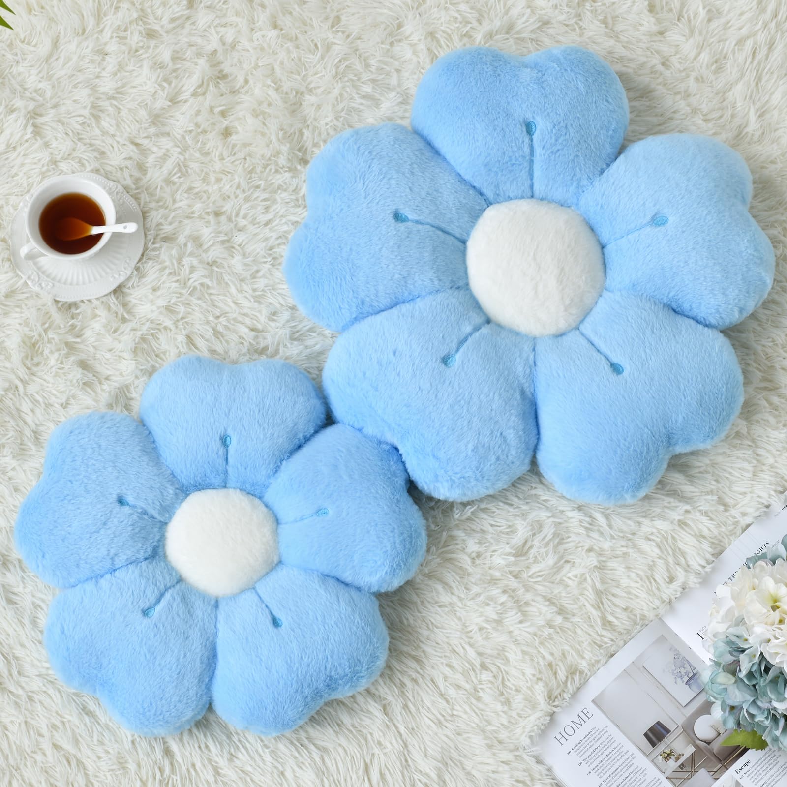 Ddliury Flower Pillow, Flower Shaped Pillow Decorative Throw Pillows For Bed Couch, Cute Daisy Pillow Dorm Decor Floor Seating Cushion (Blue, 15 Inches)