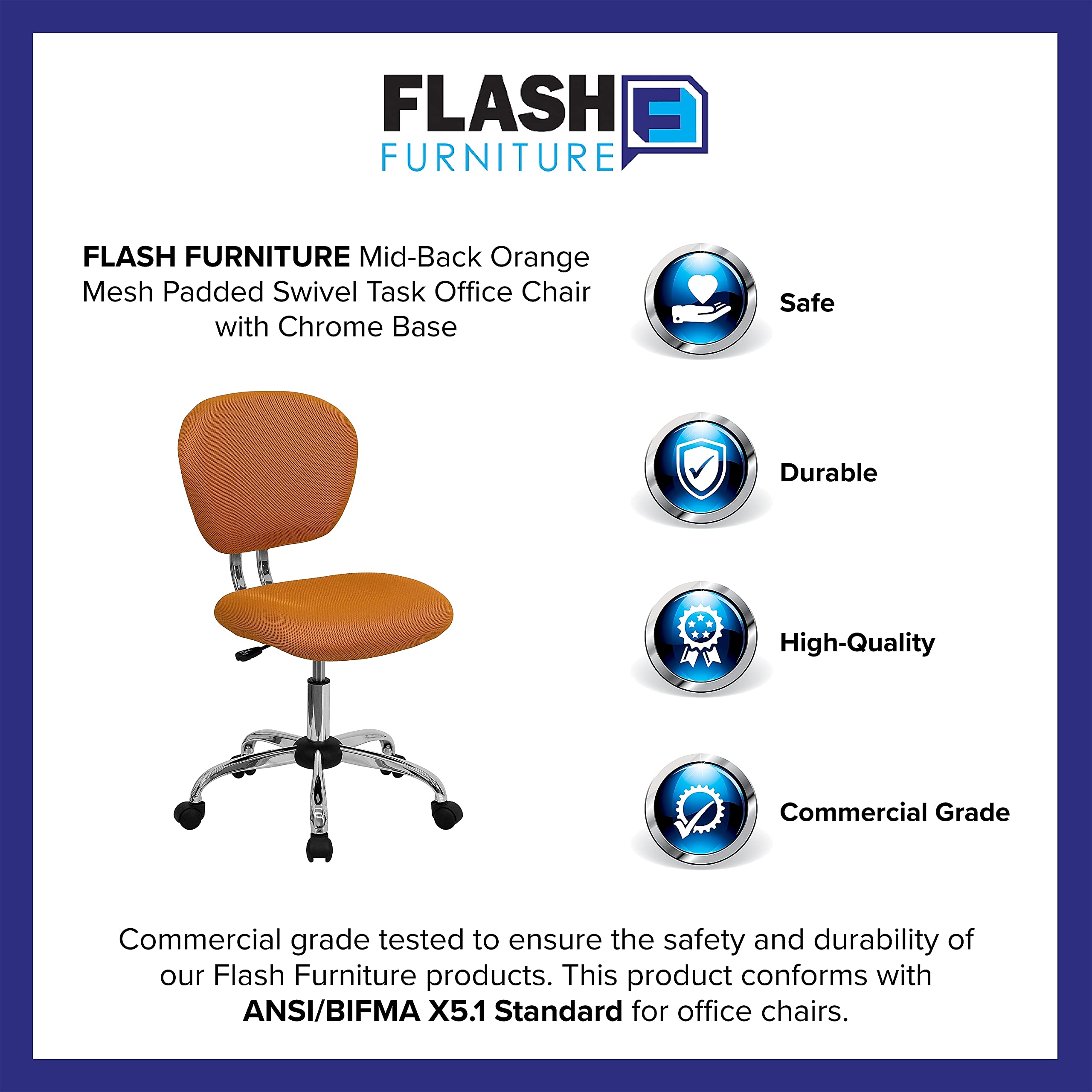 Flash Furniture Beverly Mid-Back Orange Mesh Padded Swivel Task Office Chair with Chrome Base