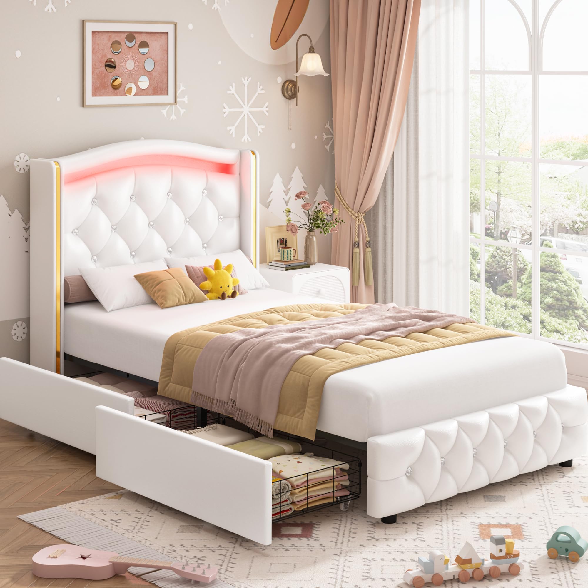 HIFIT Full Smart LED Platform Bed Frame with 4 Storage Drawers, Crystal Button-Tufted & Stainless Gold Trim Wingback Headboard, 