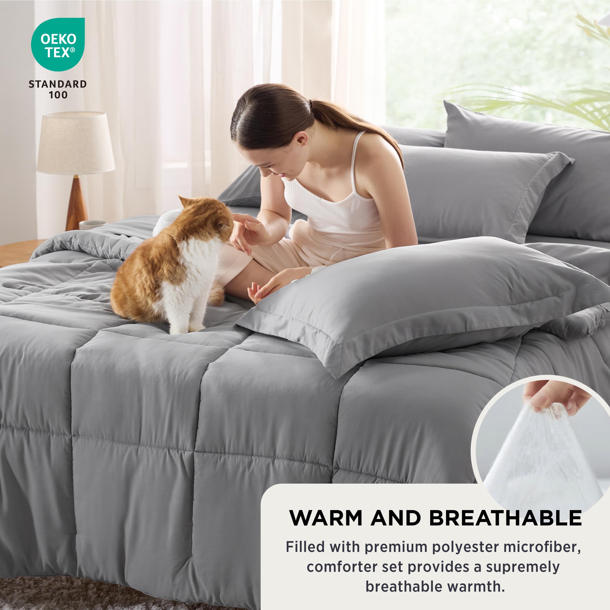 Bedsure Grey Comforter Set Full - 7 Pieces Solid Bed In A Bag, Full Bed Set With Comforter, Sheets, Pillowcases & Shams