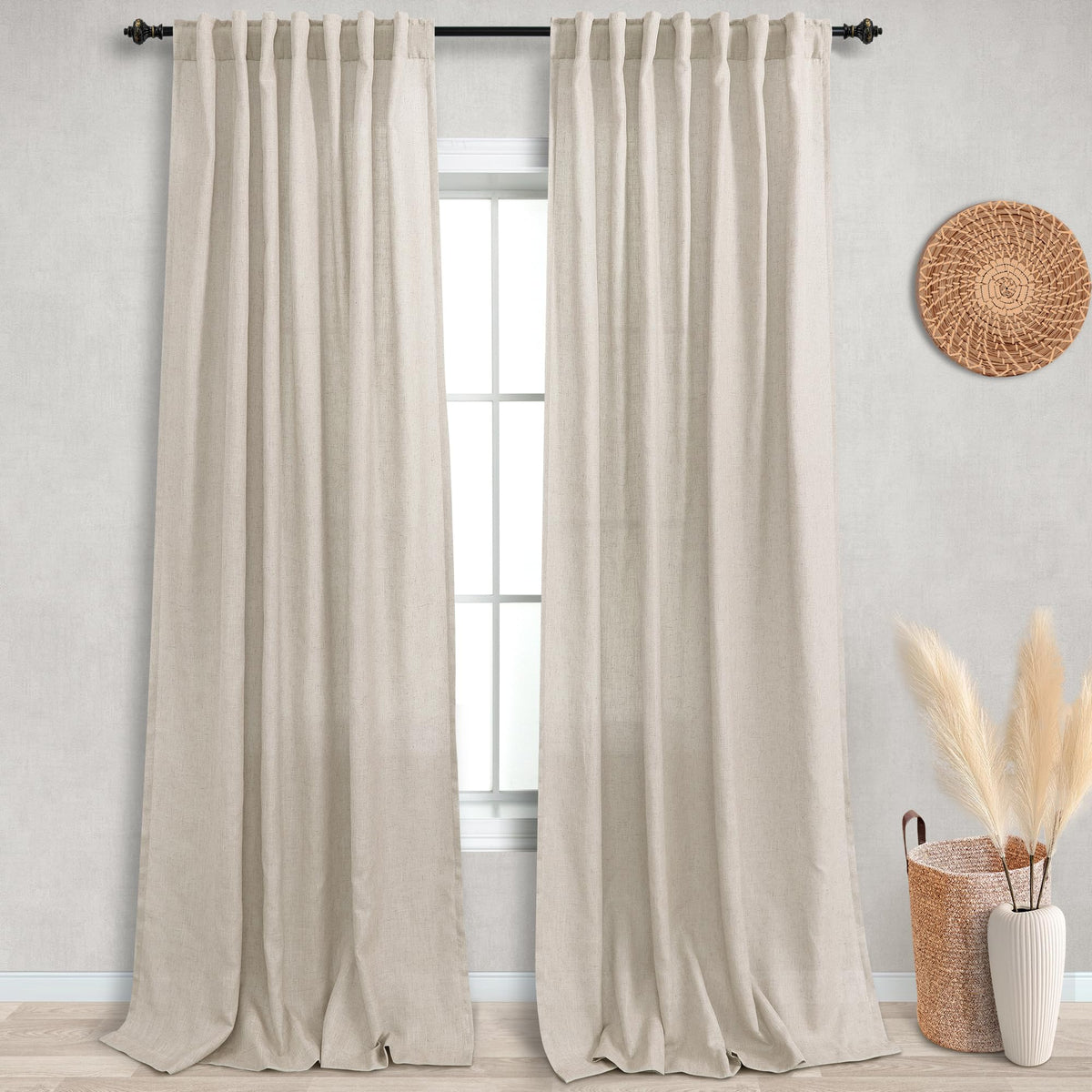 Koufall Tan Beige High Ceiling Curtain Drapes, Rod Pocket Back Tab Textured Linen Burlap Farmhouse Look Primitive Country Curtai