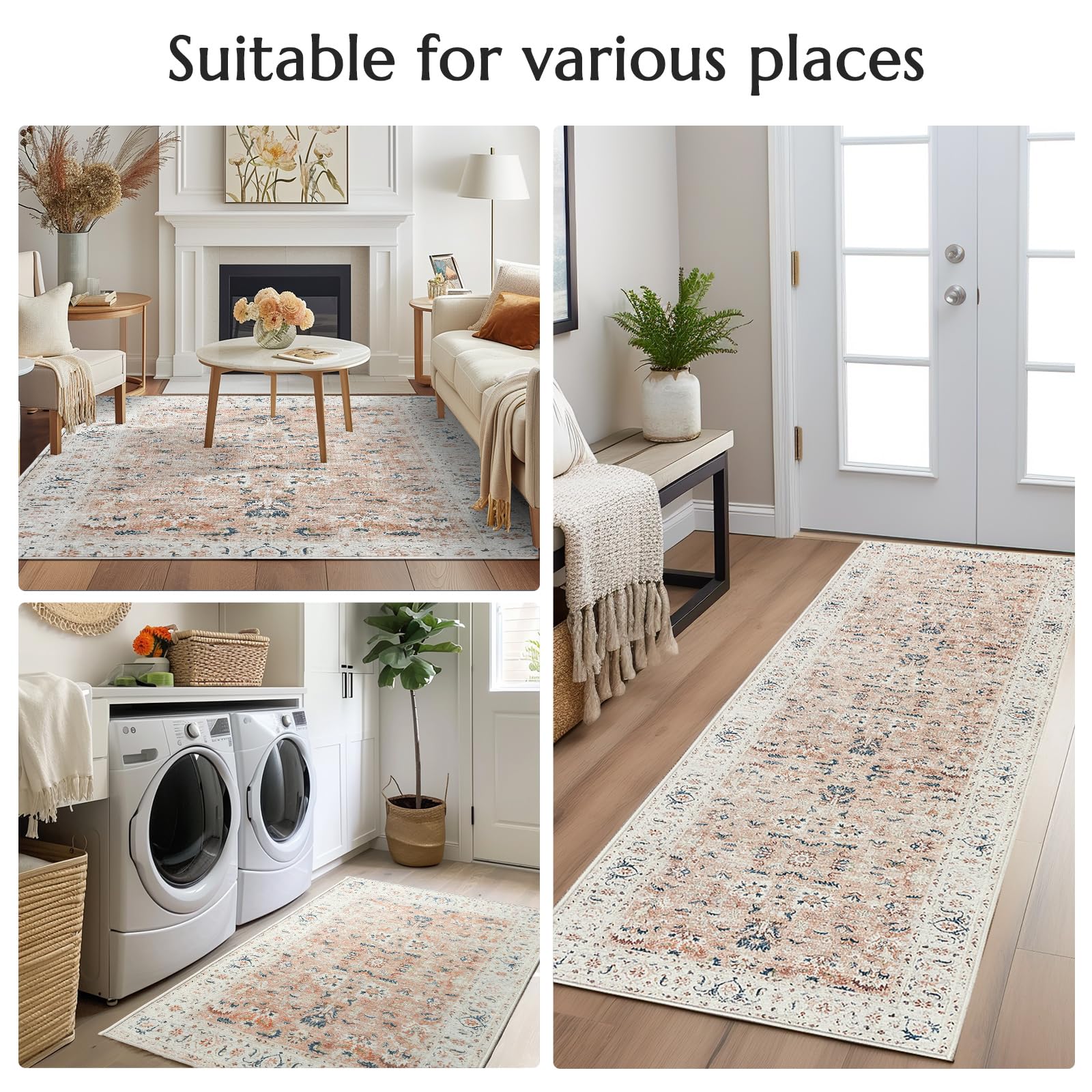 Jinchan Hallway Runner Rug 3X8 - Vintage Rug Kitchen Washable Runner Rug Floral Boho Floor Cover Non Slip Thin Rug Retro Distres