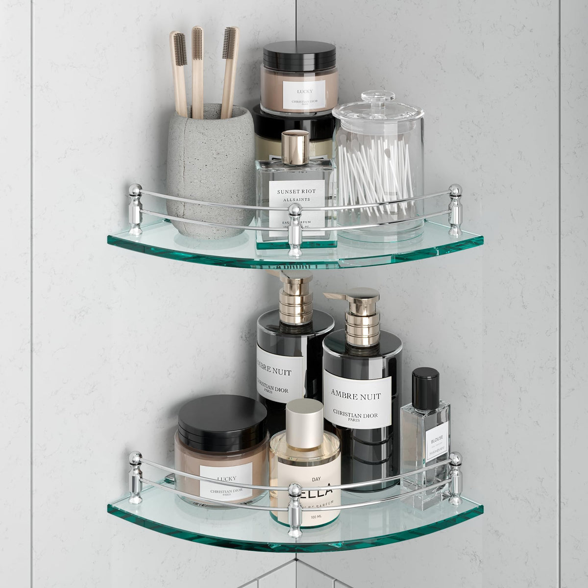 USF Bath Accessories Glass Corner Bathroom Shelves | Supreme Wall Mounted Bathroom Corner Shelf | 8mm Glass | Weight Bearing Upt