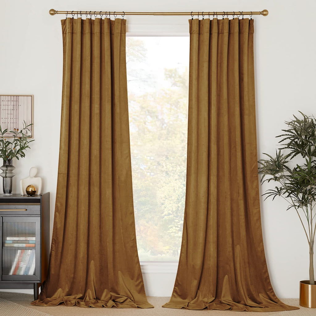 Nicetown Gold Brown Velvet Curtains (2 Panels, 52-Inch Wide X 96-Inch Long), Luxury And Soft Thermal Insulated Velvet Curtains F