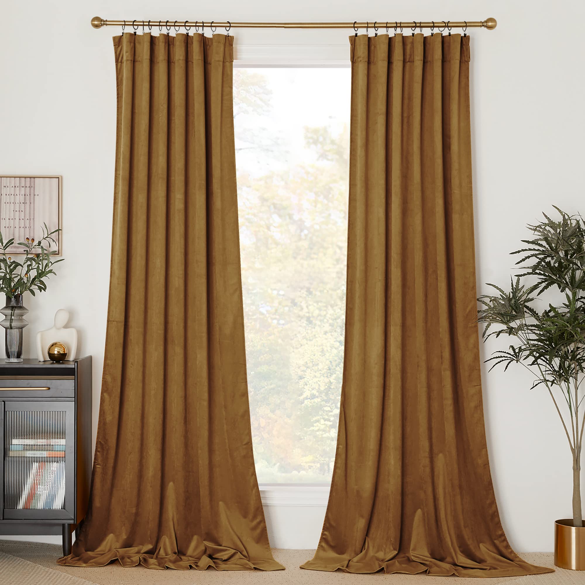 Nicetown Gold Brown Velvet Curtains (2 Panels, 52-Inch Wide X 96-Inch Long), Luxury And Soft Thermal Insulated Velvet Curtains F