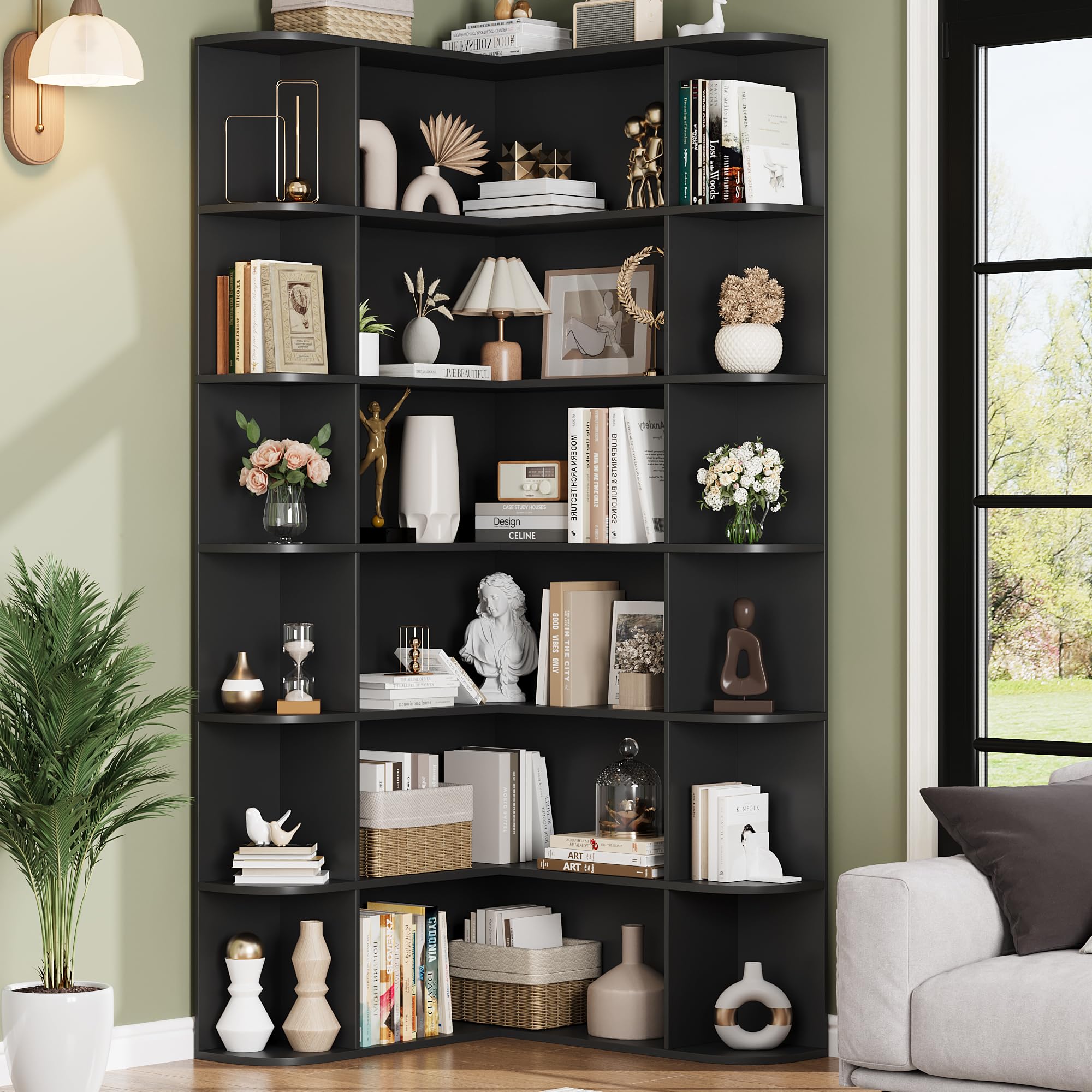 FOTOSOK 74    Tall Corner Bookshelf, 6-Tier Bookshelf and Bookcase with Open Storage, L Shaped Tall Bookcases Wooden Storage She