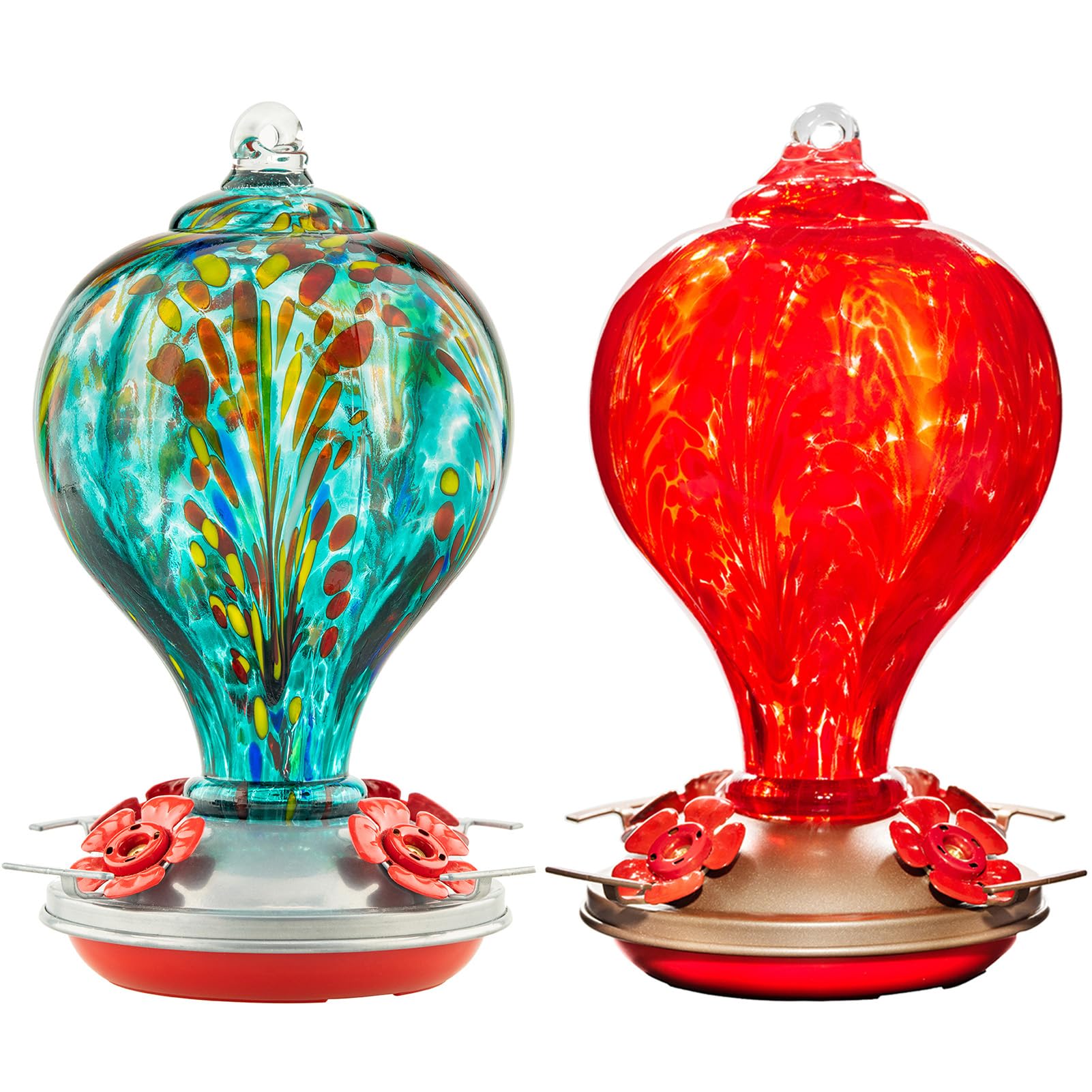 Laelvish Garden 2 Packs Hummingbird Feeder For Outdoors Hanging Ant And Bee Proof, 32Oz Hand Blown Glass Hummingbird Feeders For