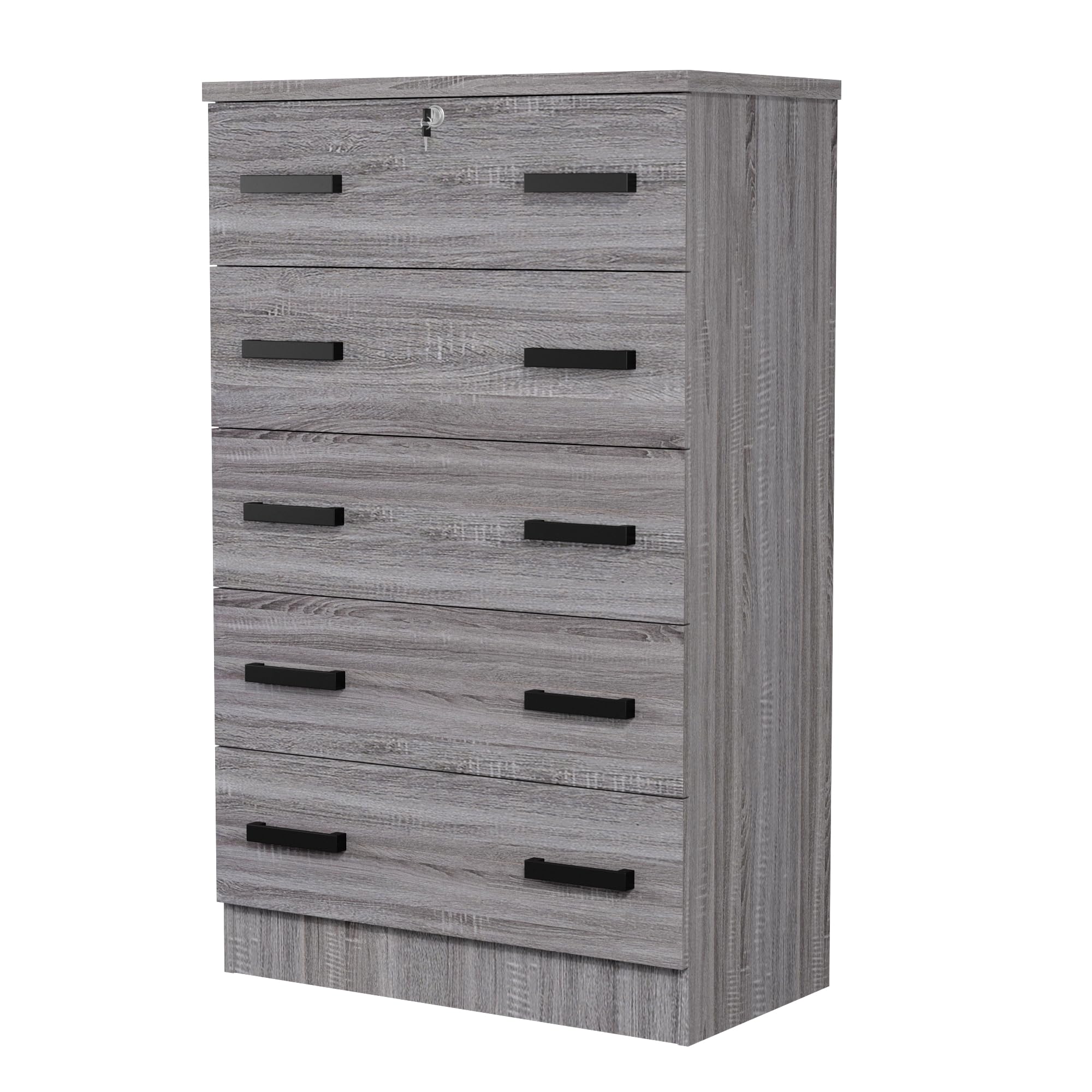 Cindy 5 Drawer Chest Wooden Dresser with Lock (Grey)