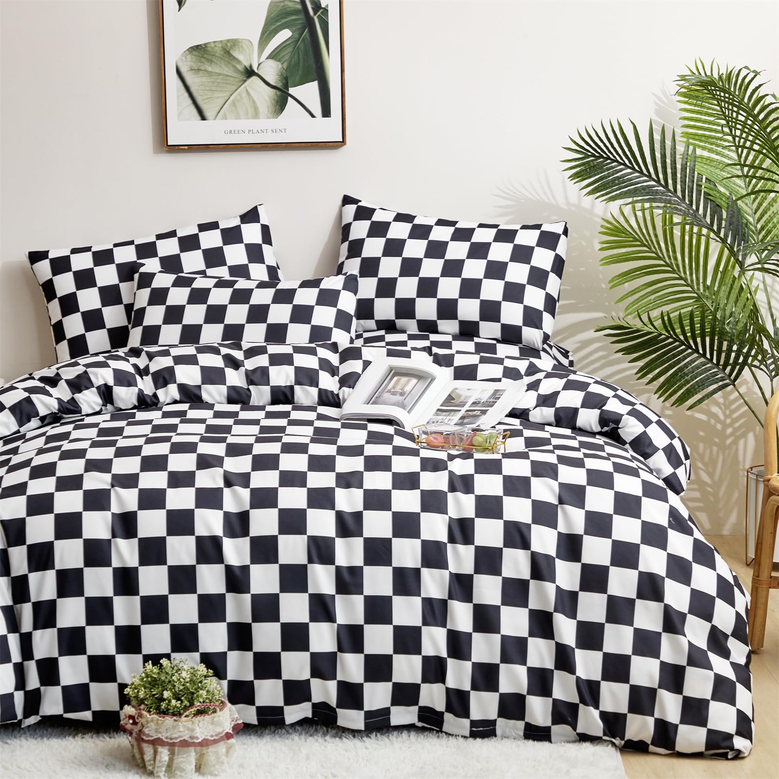 Karever Black White Grid Comforter Queen Black Plaid Bedding Set Women Black And White Checkered Bed Comforter Set Breathable Bl