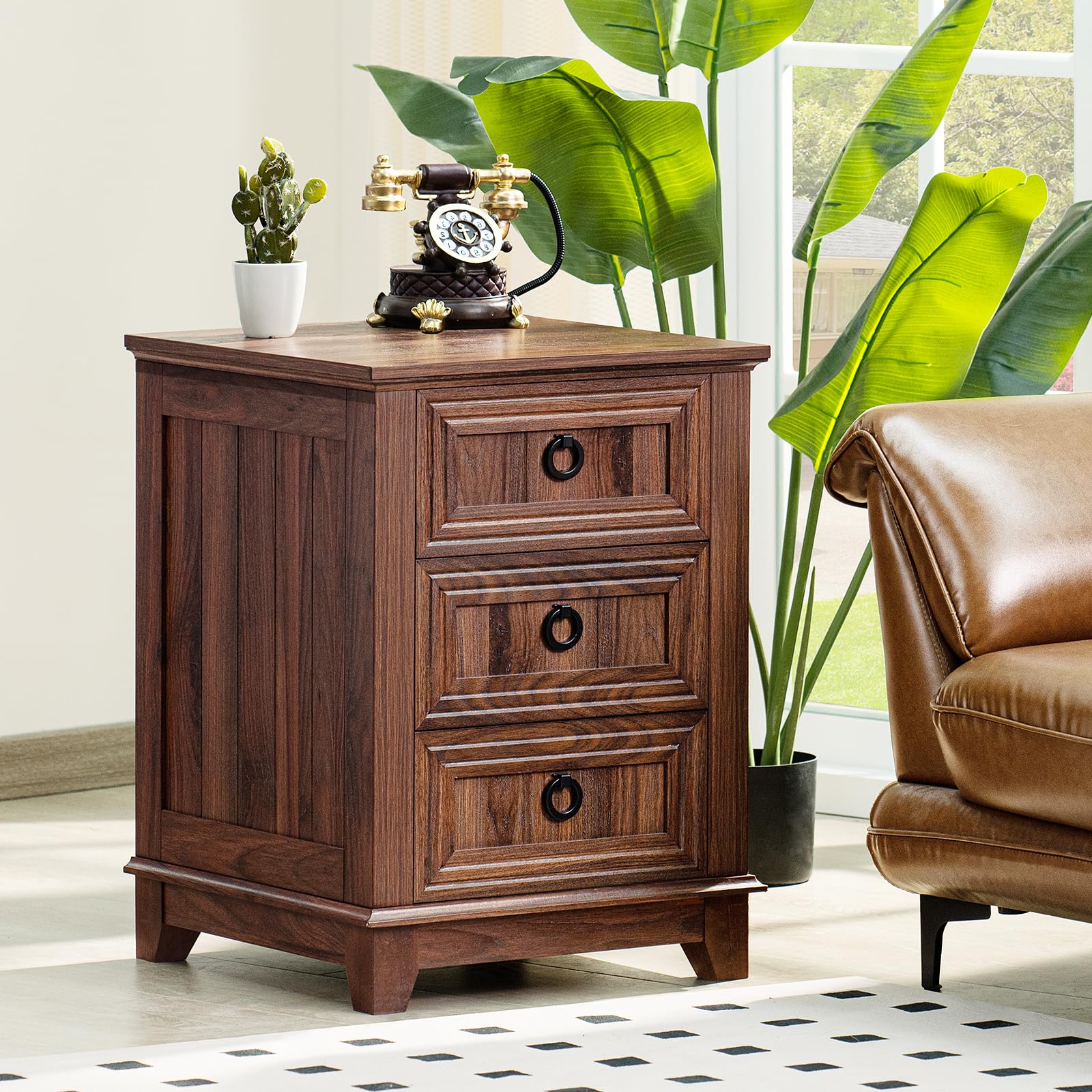 Joaxswe 18 Farmhouse Night Stand with 3 Drawers, Wood End Table Dresser for Bedroom, Retro Nightstand, Bed Side Table with Metal