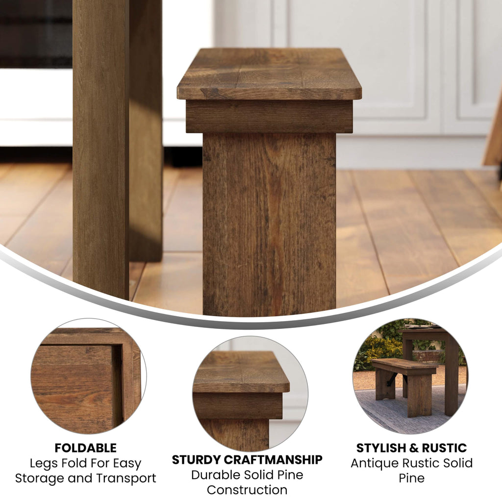 Flash Furniture Hercules Series 40" X 12" Commercial Grade Rustic Solid Pine Folding Bench, Antique Farmhouse Dining Bench, Seats Up To 2 Adults