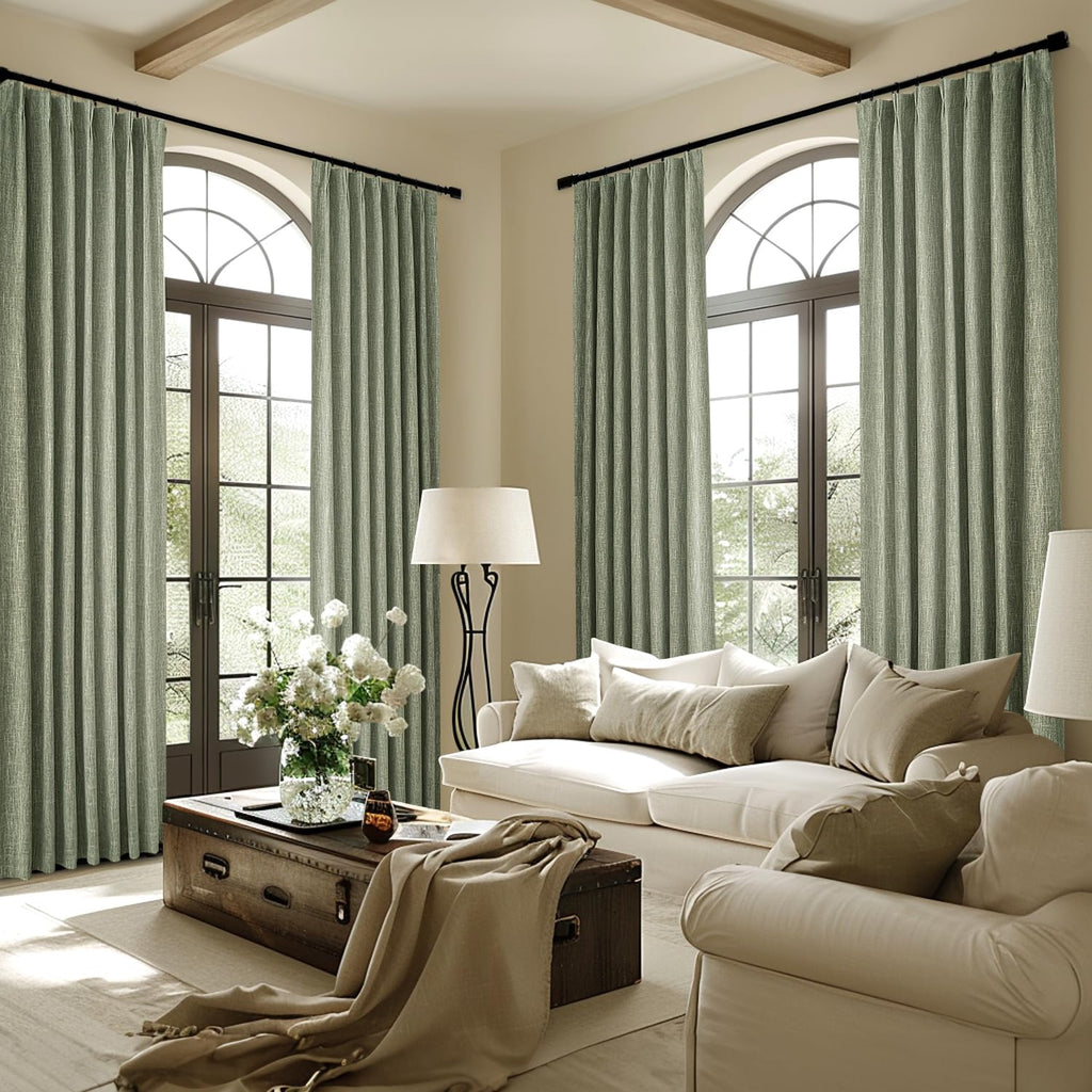 Miulee Sage Green Pinch Pleated 100% Blackout Linen Curtains 108 Inch Long 2 Panels Set, Pleat Curtains With Pin Hooks, Black Ou