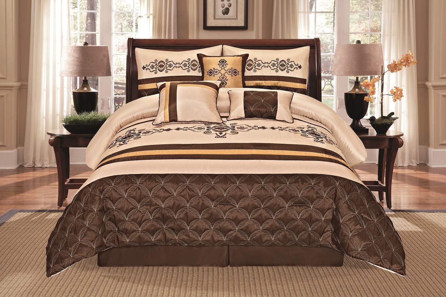 Wpm World Products Mart 7 Pieces Complete Bedding Ensemble Beige Brown Gold Luxury Embroidery Comforter Set Bed-In-A-Bag Bedding