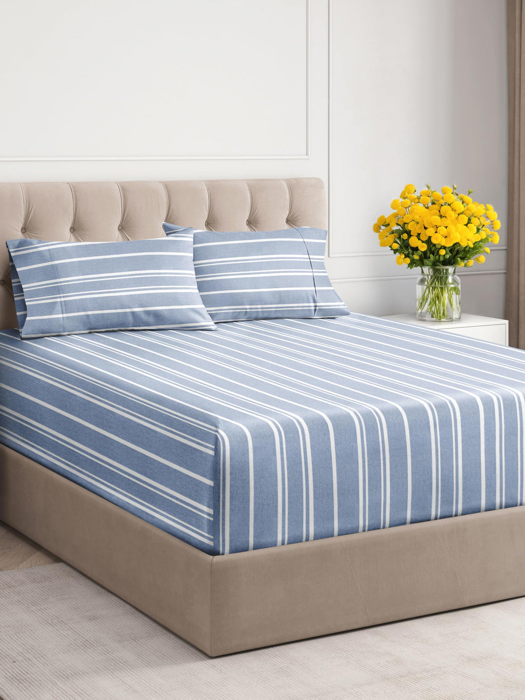 Extra Deep Pocket Cal King Sheets - 4 Piece Breathable & Cooling Bed Sheets - Hotel Luxury Bed Sheet Set - Soft, Wrinkle Free & Comfy - Easily Fits Extra Deep Mattresses - Blue Striped Sheets Set