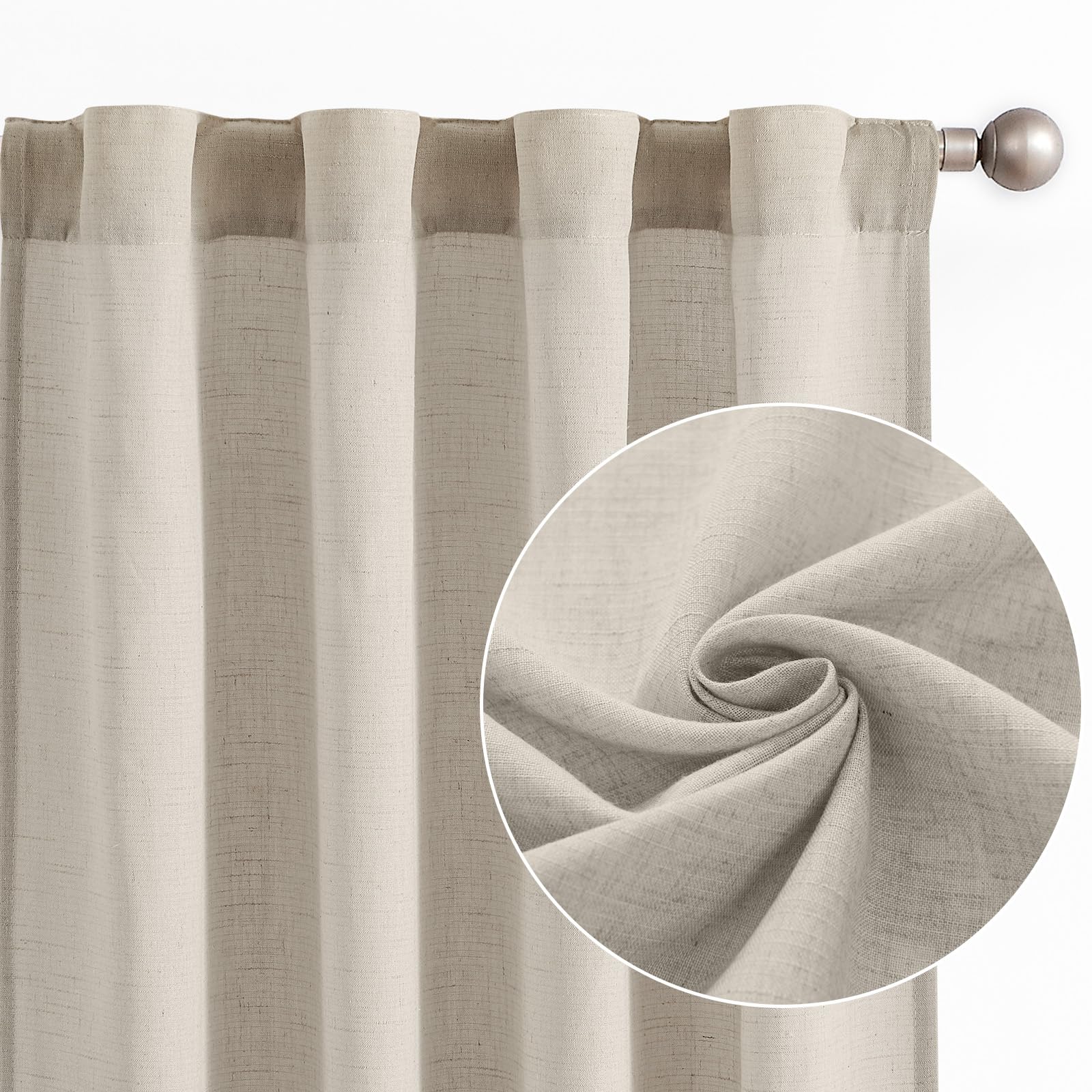 Jinchan Linen Blend Curtains 90 Inches Long For Living Room Oat Farmhouse Rod Pocket Back Tab Light Filtering Window Drapes For Bedroom Curtains 2 Panels