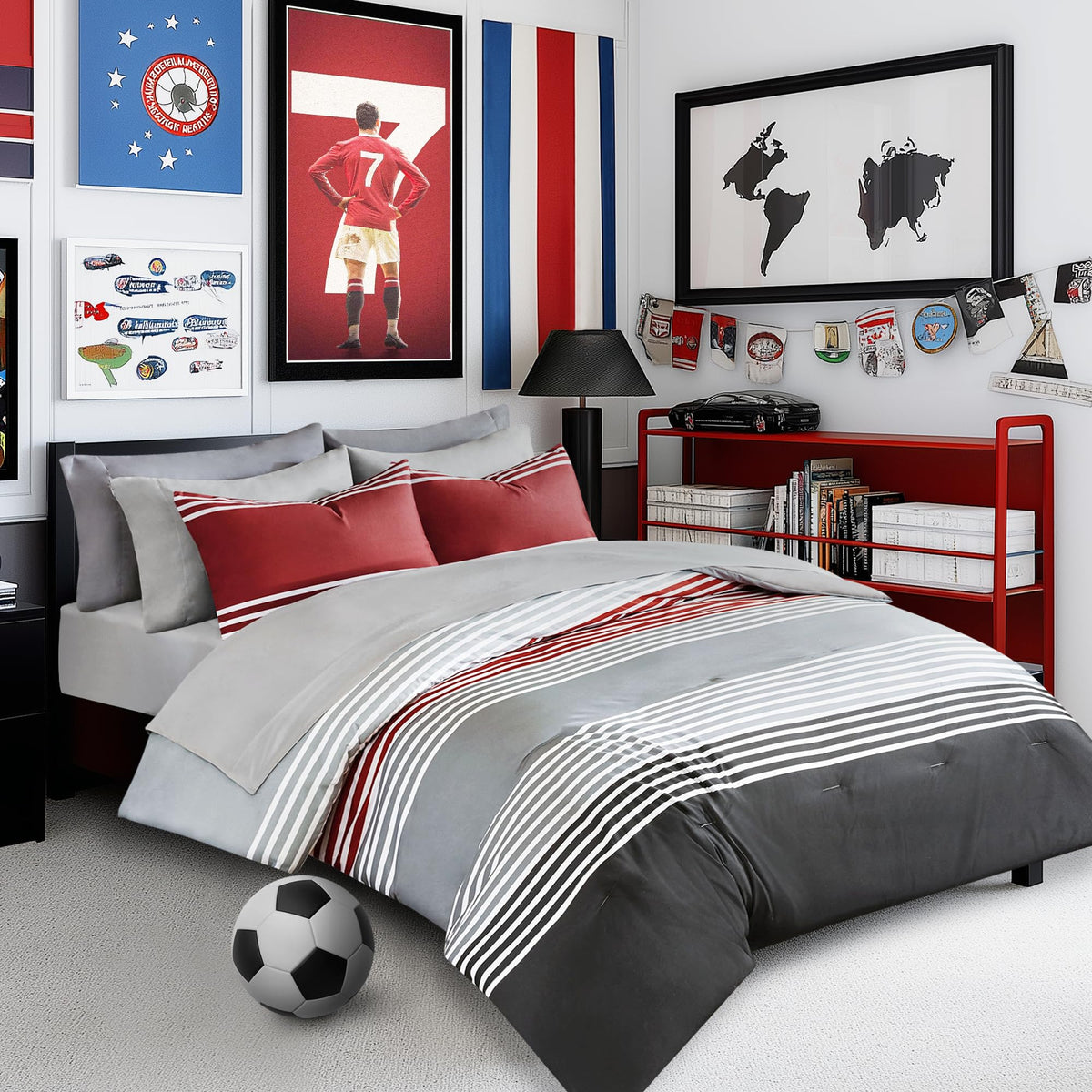Comfort Spaces Twin Comforter Sets With Sheets - Bed In A Bag 6 Pieces Teen Bedding Sets Twin, Red And Grey Stripes Bedding Twin