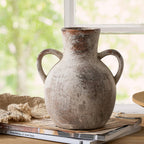 Siducal Rustic Ceramic Farmhouse Flower Vase With 2 Handles, Whitewashed Terra Cotta Vase, Decorative Pottery Flower Vase For Ho