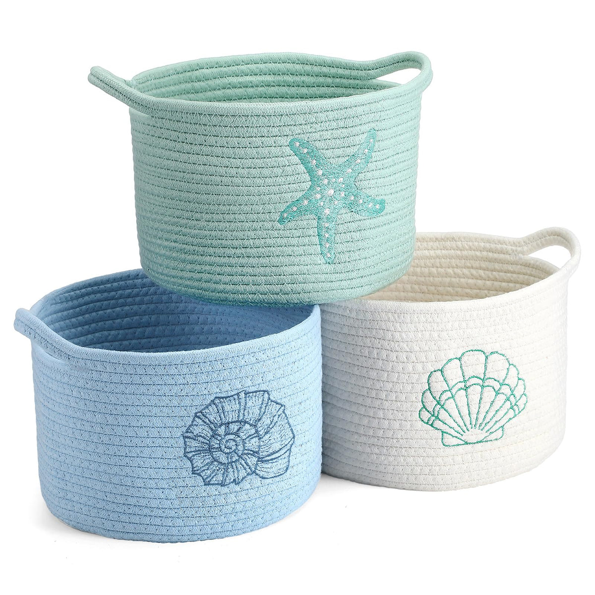 Vesici 3 Pcs Coastal Seashell Starfish Woven Baskets Small Blue White Green