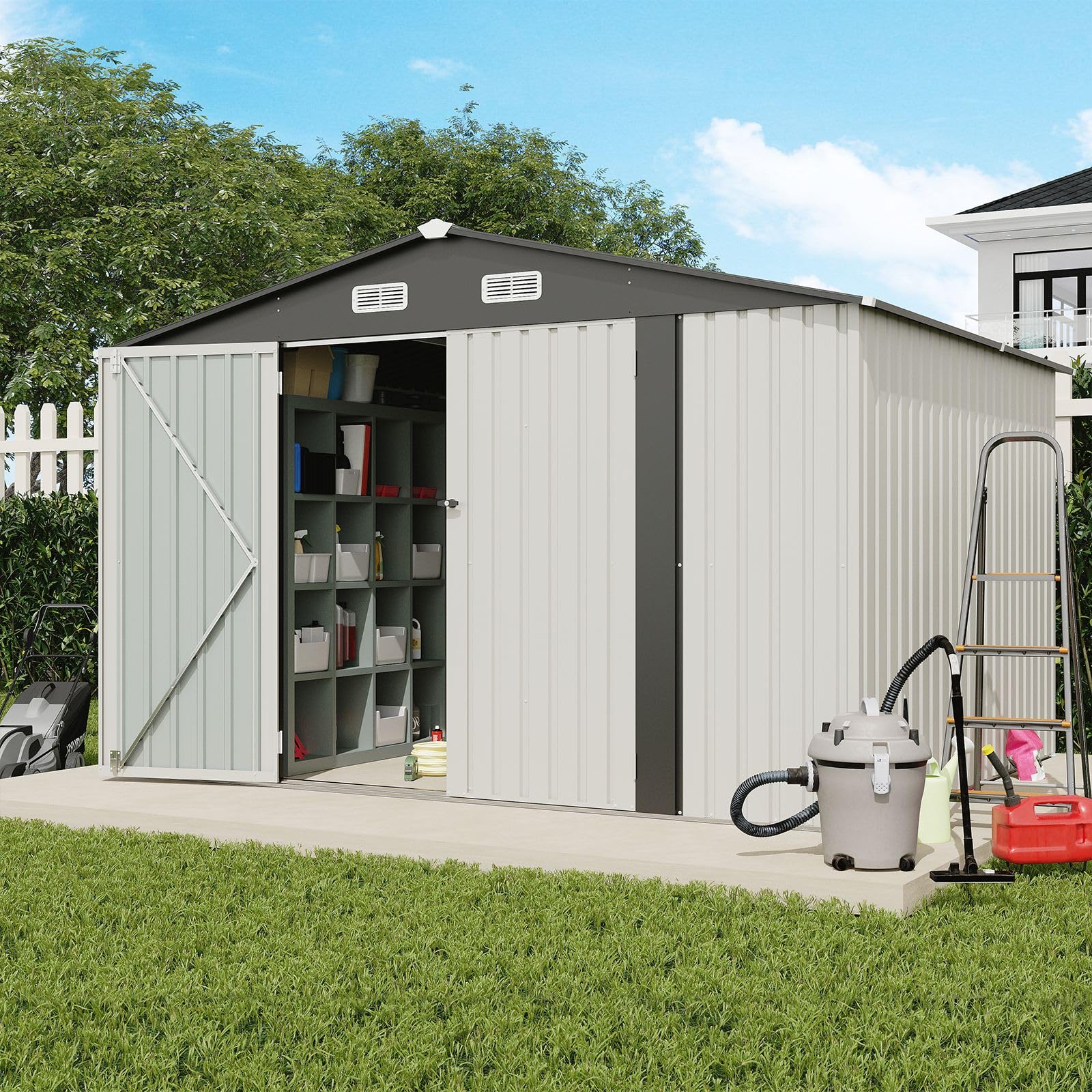 Verano Garden 10X8 Ft Outdoor Storage Shed, Galvanized Steel Metal Garden Shed, Double Door W/Lock, Outdoor Storage Tool House F
