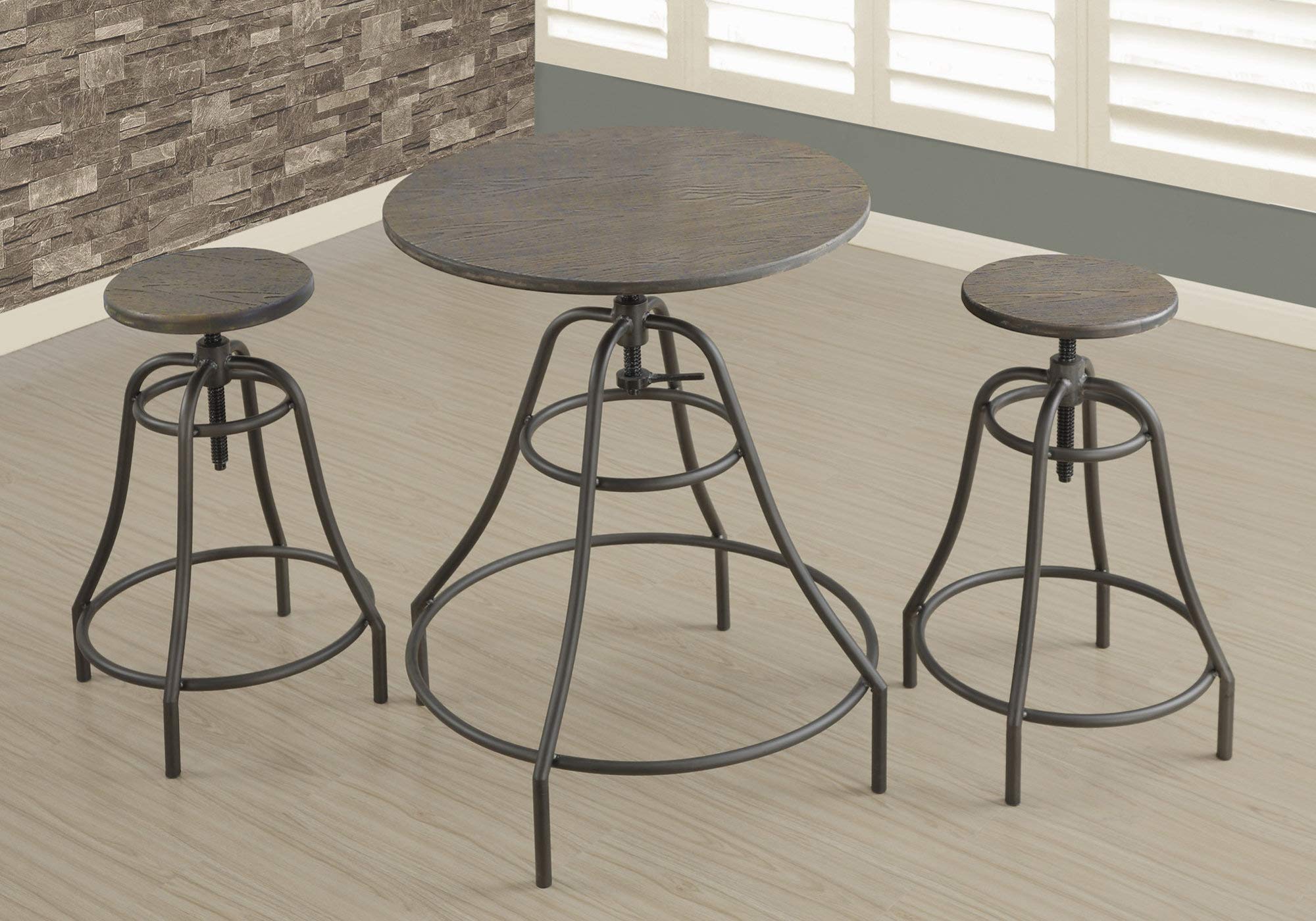 Monarch Specialties 1085 Table, 3Pcs, Small, 28&quot; Round, Pub Height, Kitchen, Bar, Metal, Laminate, Transitional Dining Set, 28&quot; L X 28&quot; W X 32&quot; H, Distressed Oak Brown/Bronze