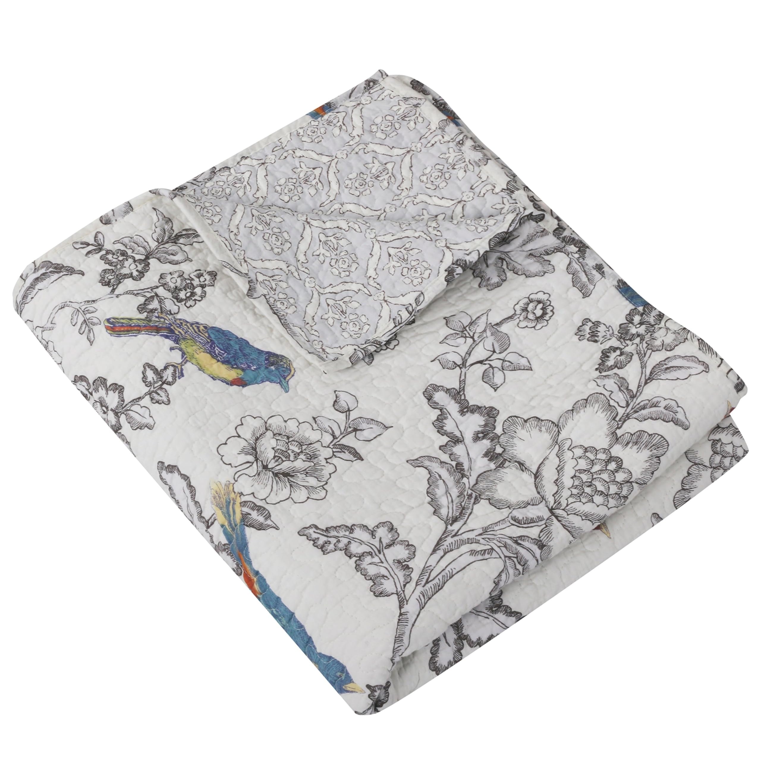 Levtex Home - Mockingbird - Quilted Throw - 50X60In. - Grey Toile With Birds And Butterflies - Reversible Pattern - Cotton