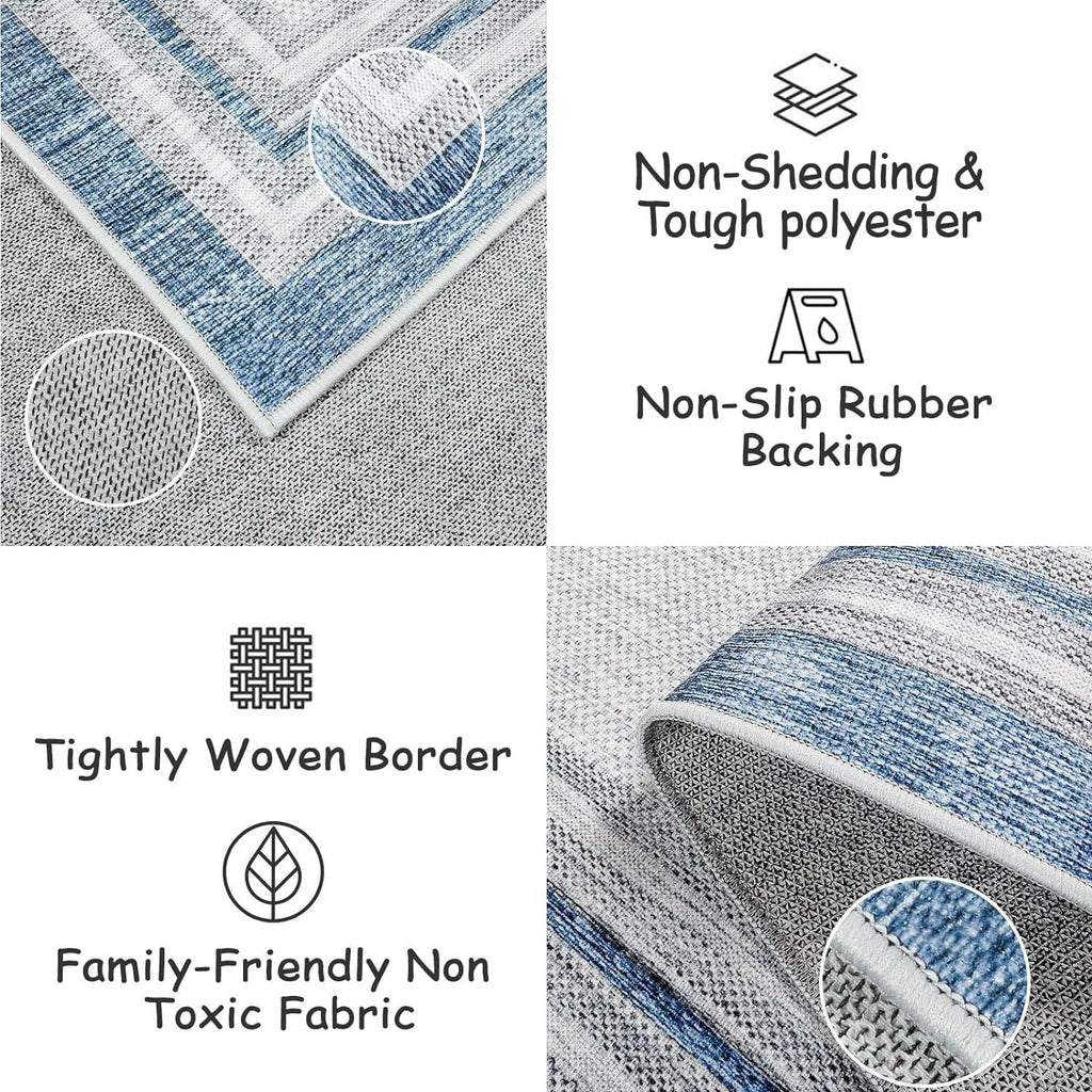 Beeiva Bordered Long Hallway Runner Rug, 2X8 Blue Modern Kitchen Runner Rugs Non Skid Washable, Printed Rug Runners For Hallways