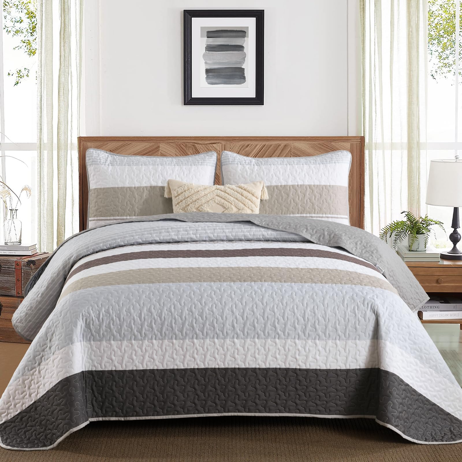 Grey King Size Quilt Set,Boho Grown Bedspread Summer Striped Patchwork Bedding Set Micofiber Bohemian 3 Pieces Quilts Lightweigh