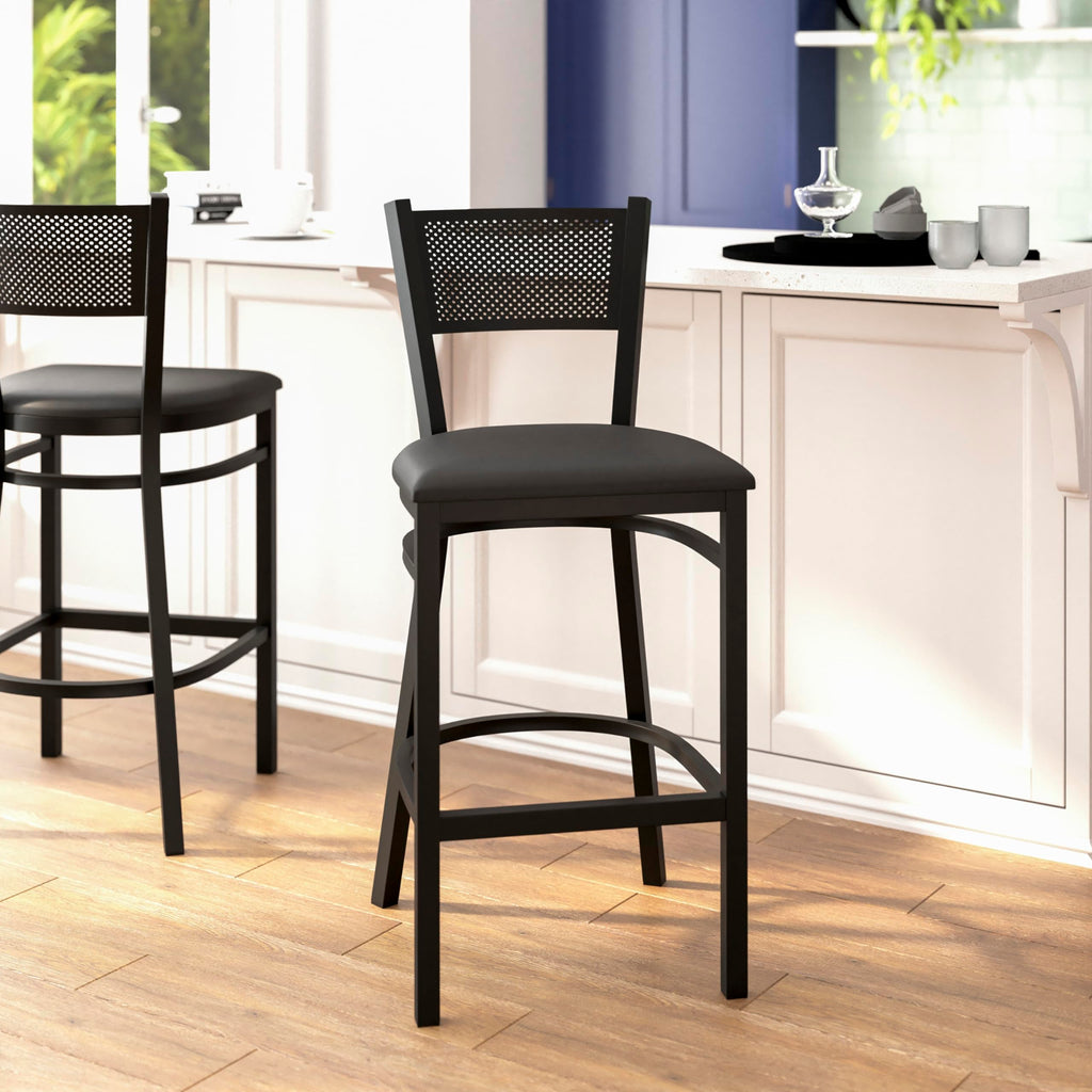 Flash Furniture HERCULES Series Black Grid Back Metal Restaurant Barstool - Black Vinyl Seat
