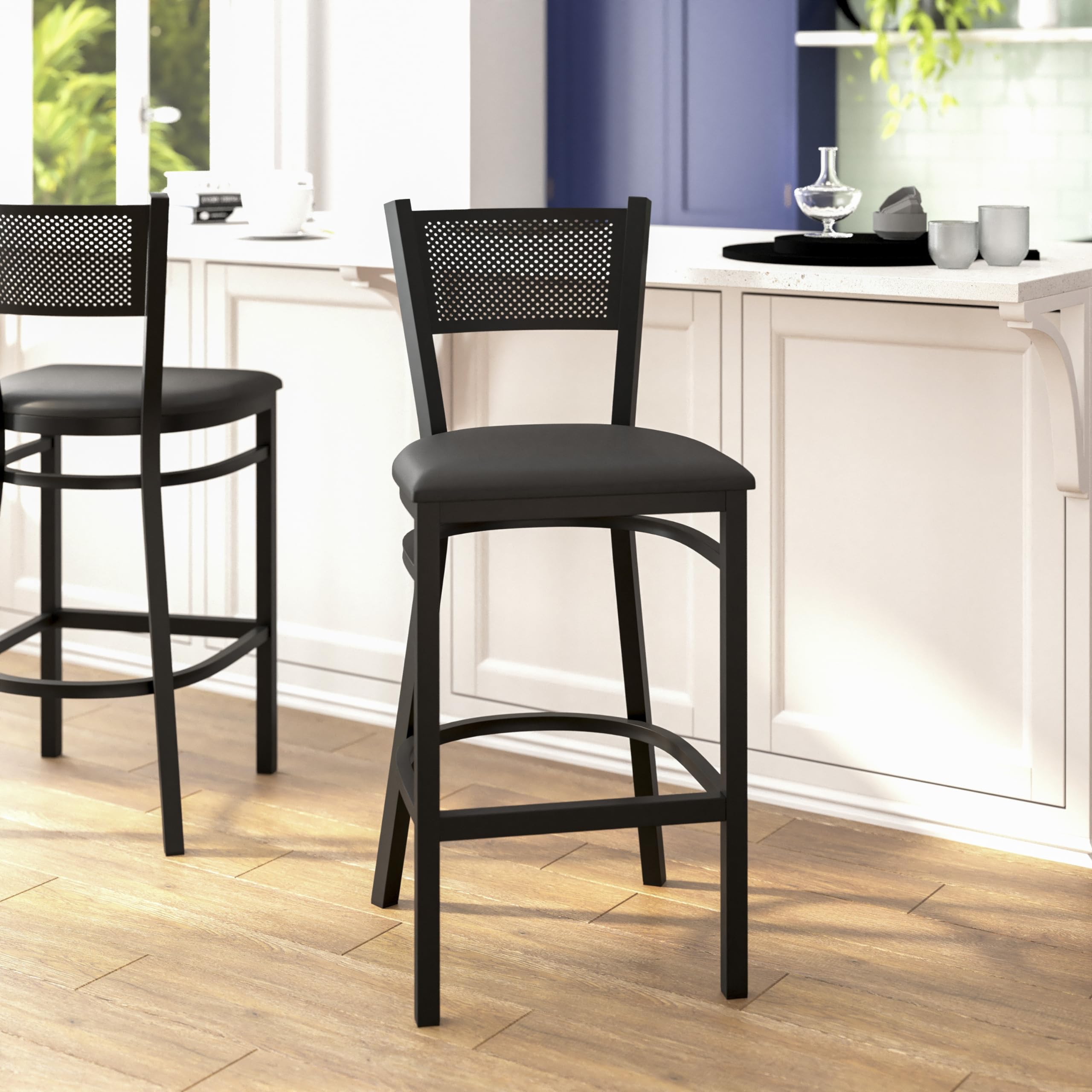 Flash Furniture HERCULES Series Black Grid Back Metal Restaurant Barstool - Black Vinyl Seat