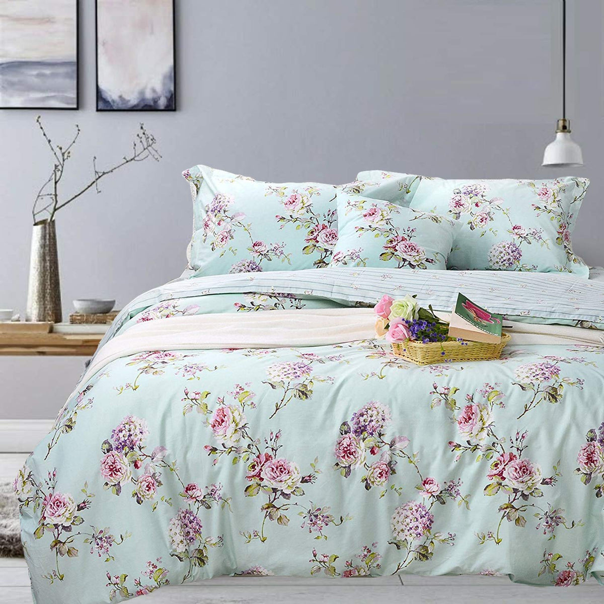 Fadfay French Country Duvet Cover Set King/California King 100% Cotton Floral Bedding Farmhouse Hydrangea Flower And Rose Floral