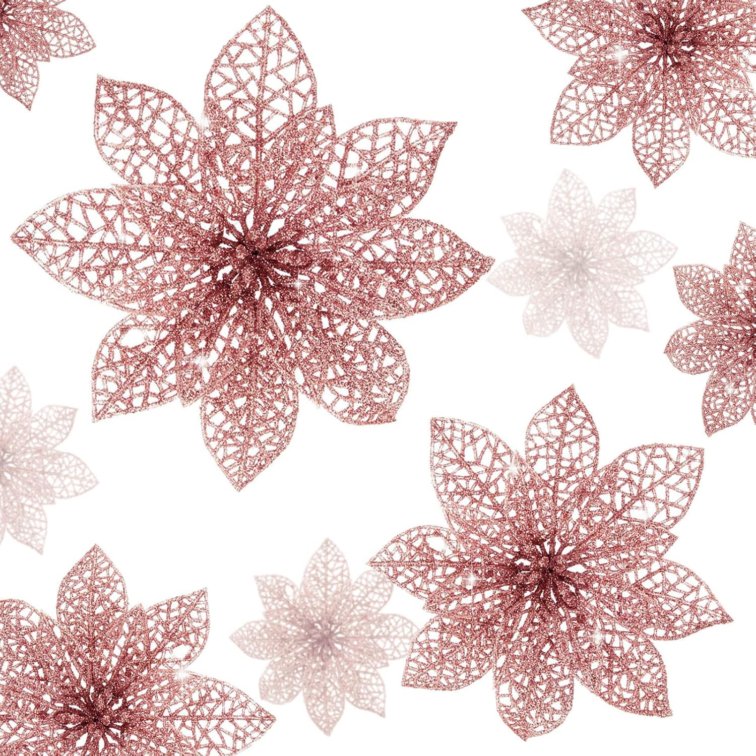 Wironlst 24 Pieces Glitter Poinsettia Flowers Christmas Tree Ornaments, Glitzy Poinsettia Bushes Christmas Decorations for Xmas/